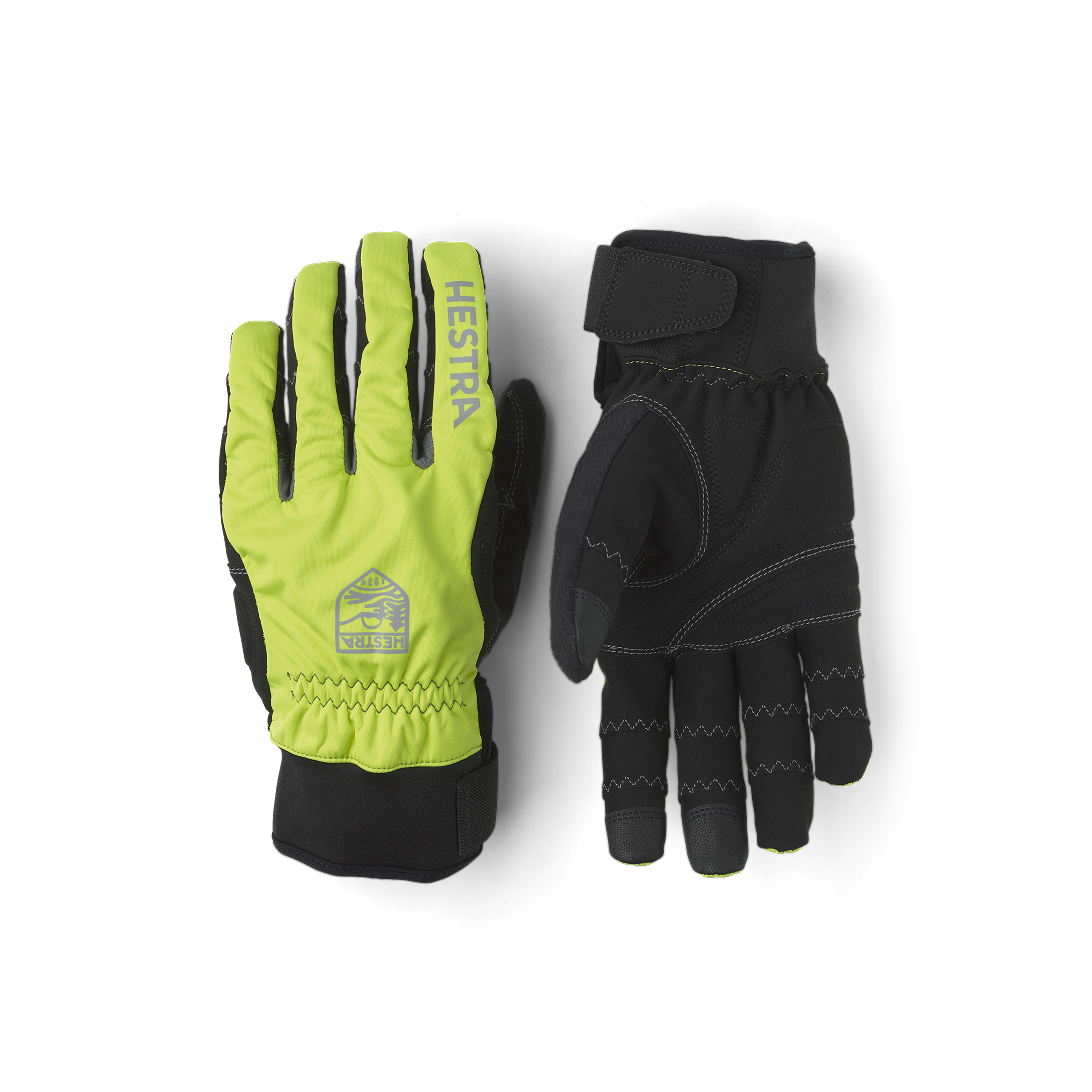Grüngelber Fahrradhandschuh aus Stoff mit schwarzer Innenhand aus synthetischem Wildleder und Touchfunktion