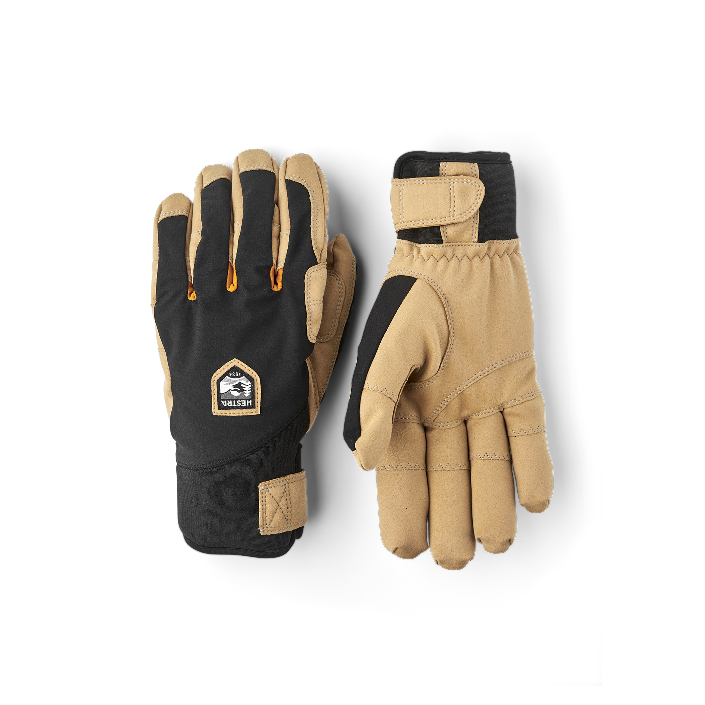 Schwarzer Kletterhandschuh aus Stoff mit hellbrauner Innenhand aus synthetischem Wildleder