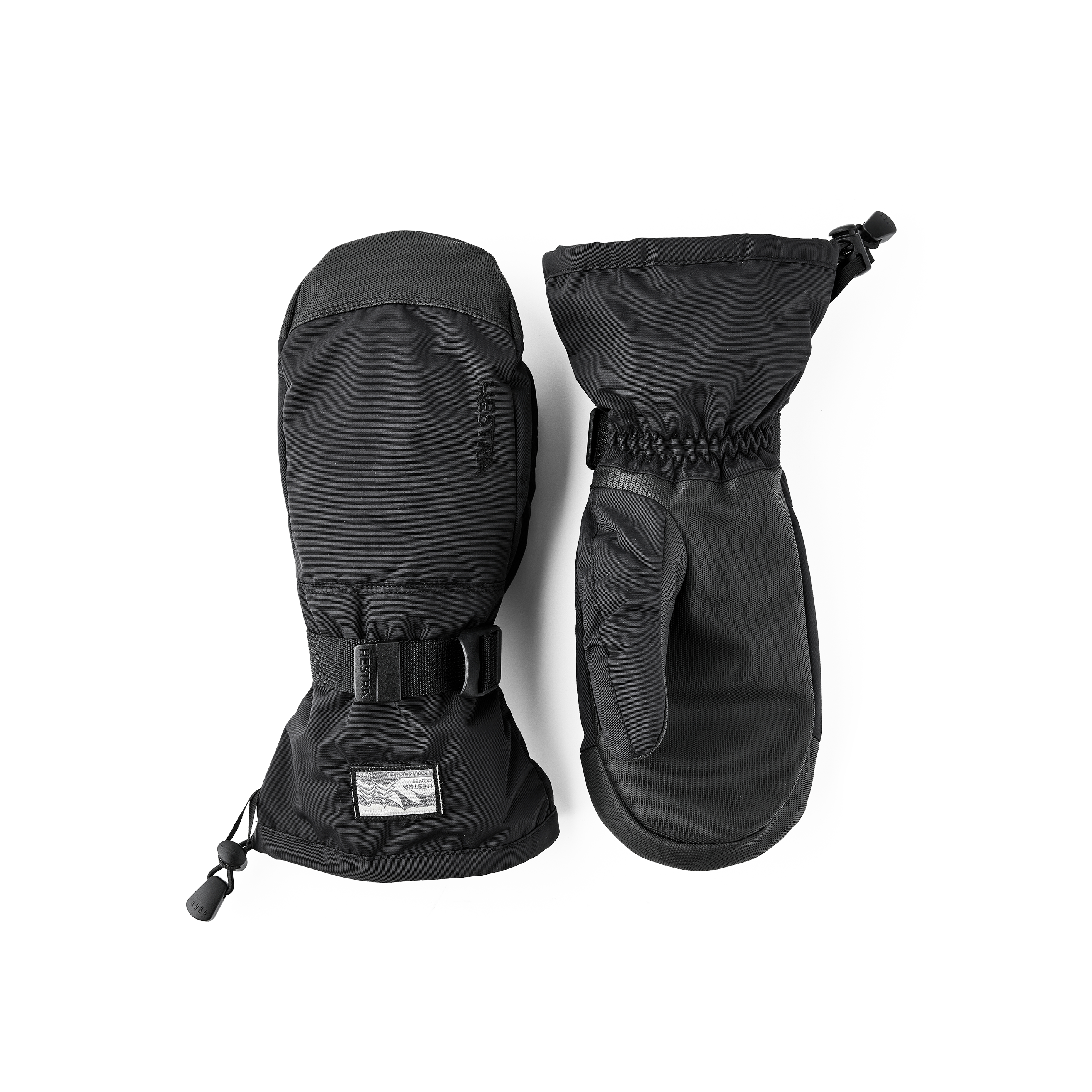 Schwarzer Fausthandschuh aus Stoff mit Synthetikmaterial an der Innenhand