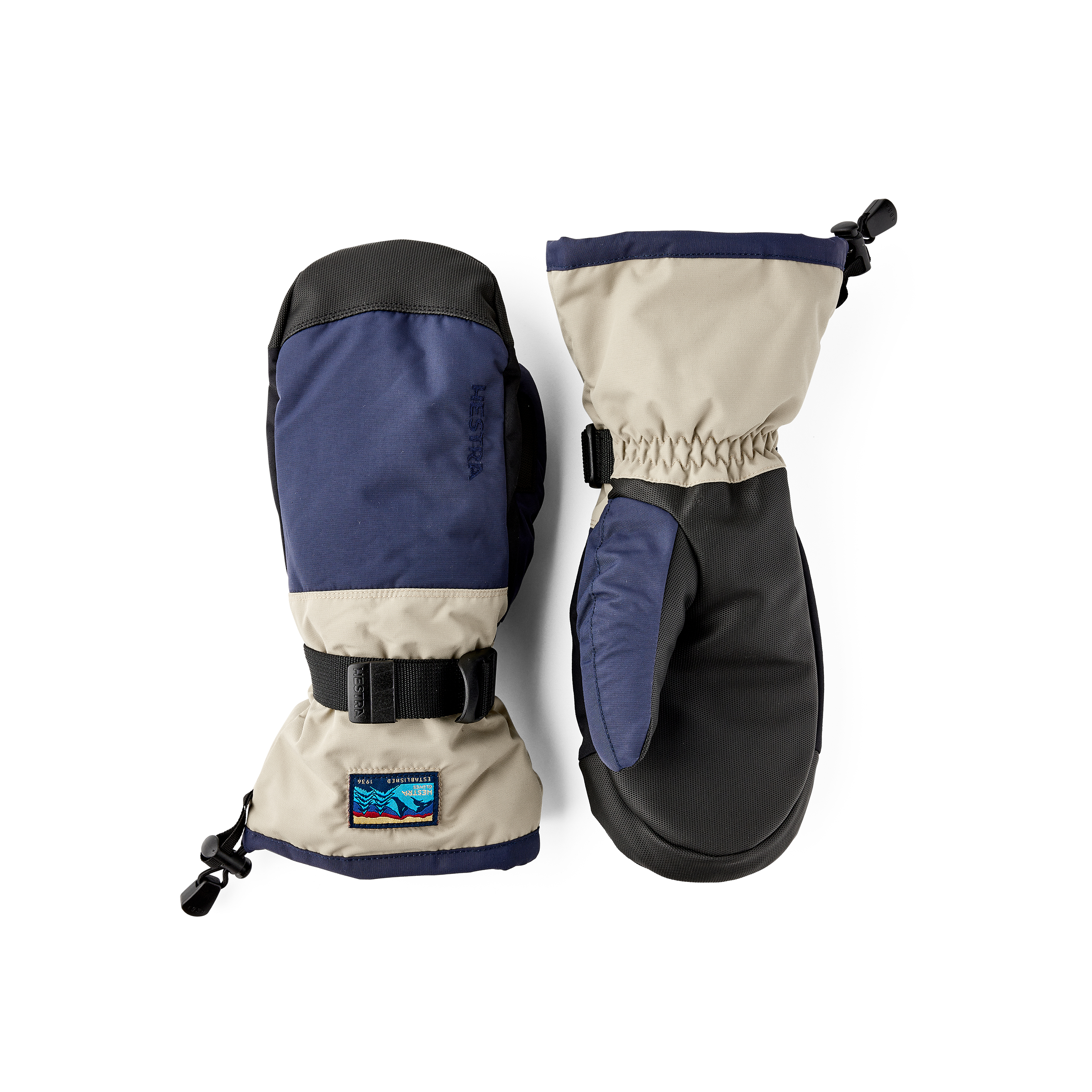 Blau-beiger Fausthandschuh aus Stoff mit schwarzer Innenhand aus Synthetikmaterial