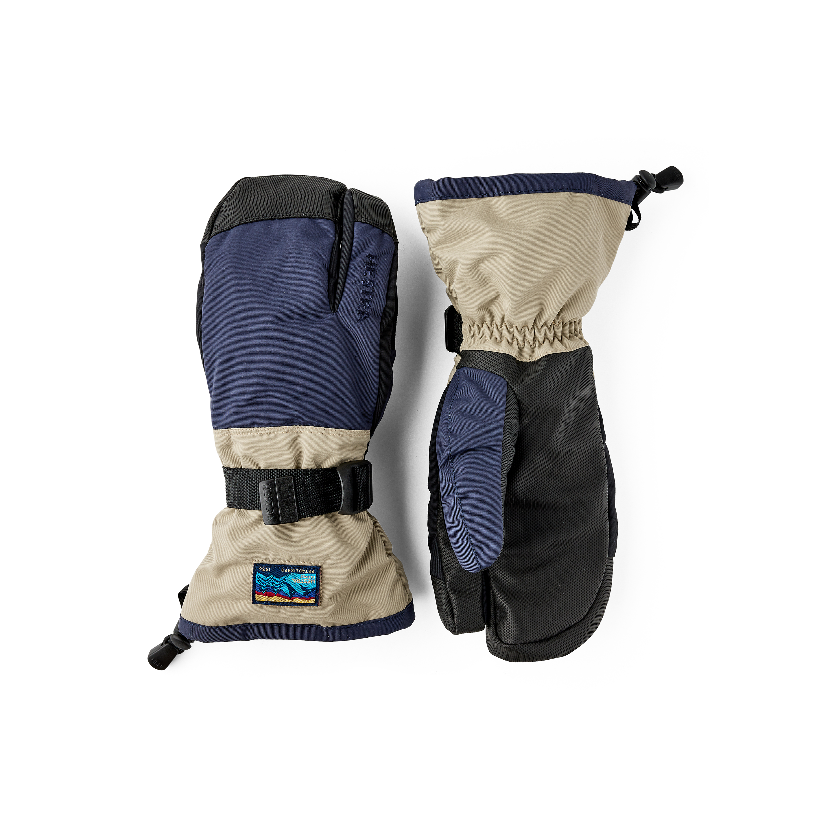 Blau-beiger Dreifingerhandschuh aus Stoff mit schwarzer Innenhand aus Synthetikmaterial