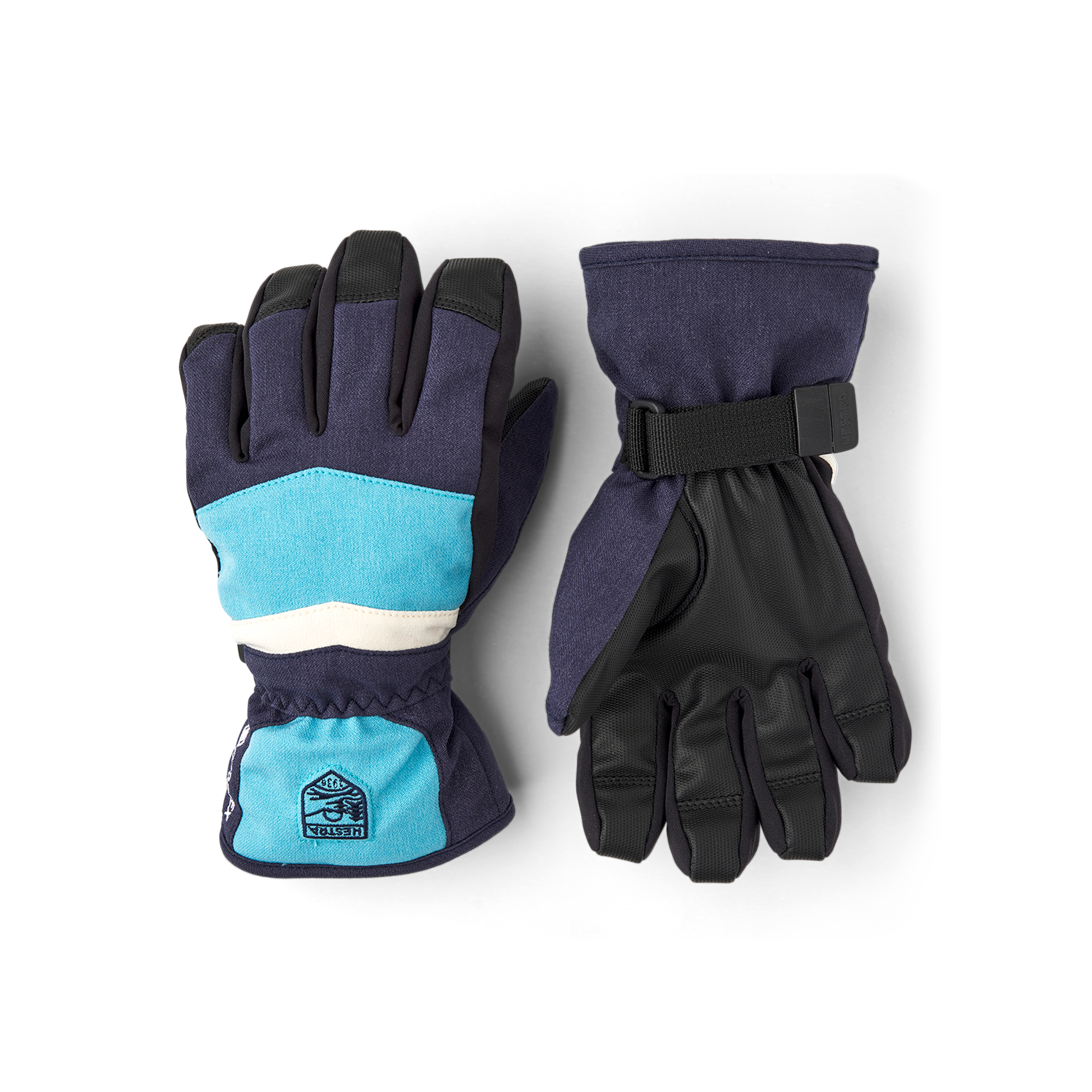 Blauer Kinderhandschuh aus Stoff mit schwarzem Synthetikmaterial an der Innenhand und verstellbarem Handgelenkverschluss