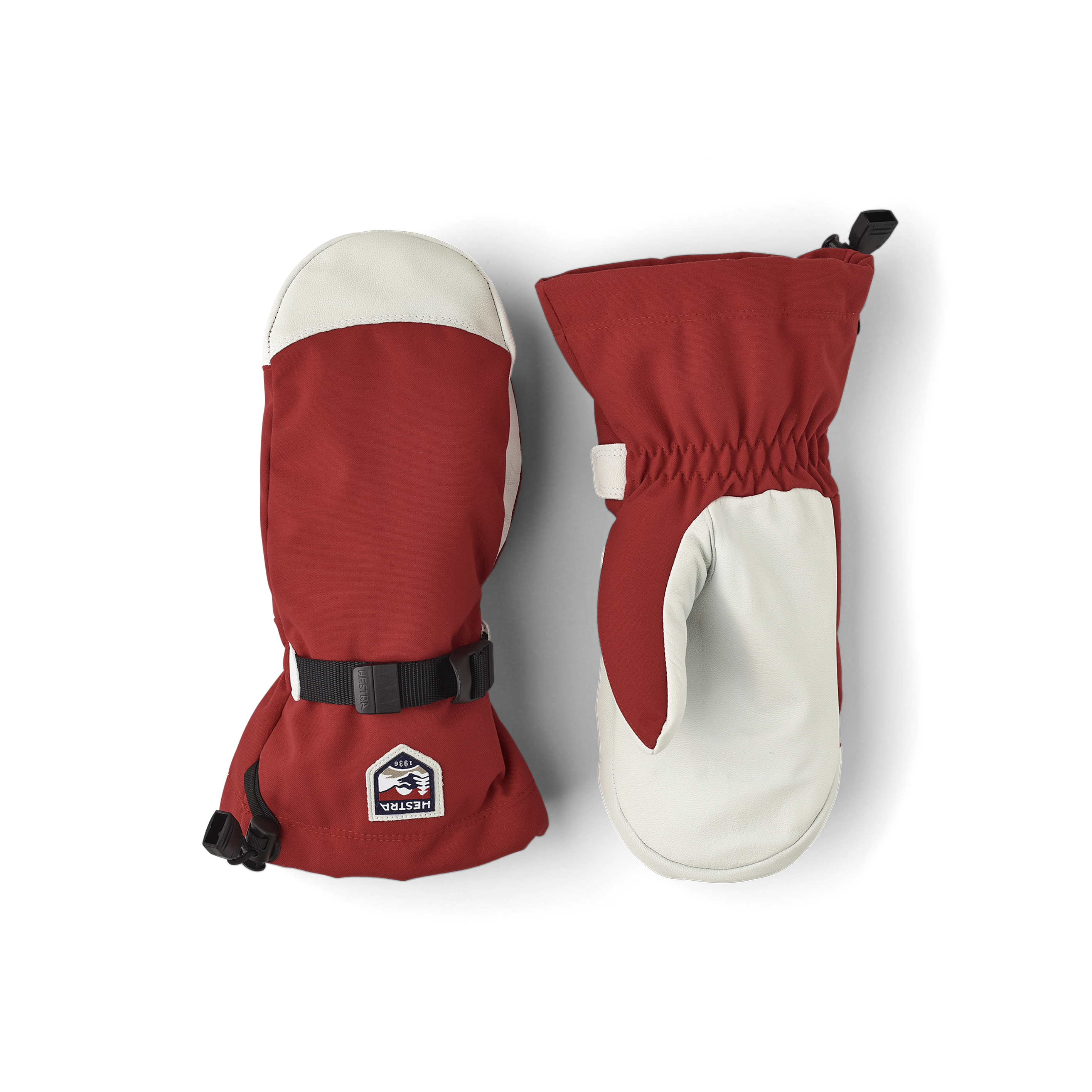 Roter Fausthandschuh mit weißem Ziegenleder an der Innenhand und Handgelenkschlaufe