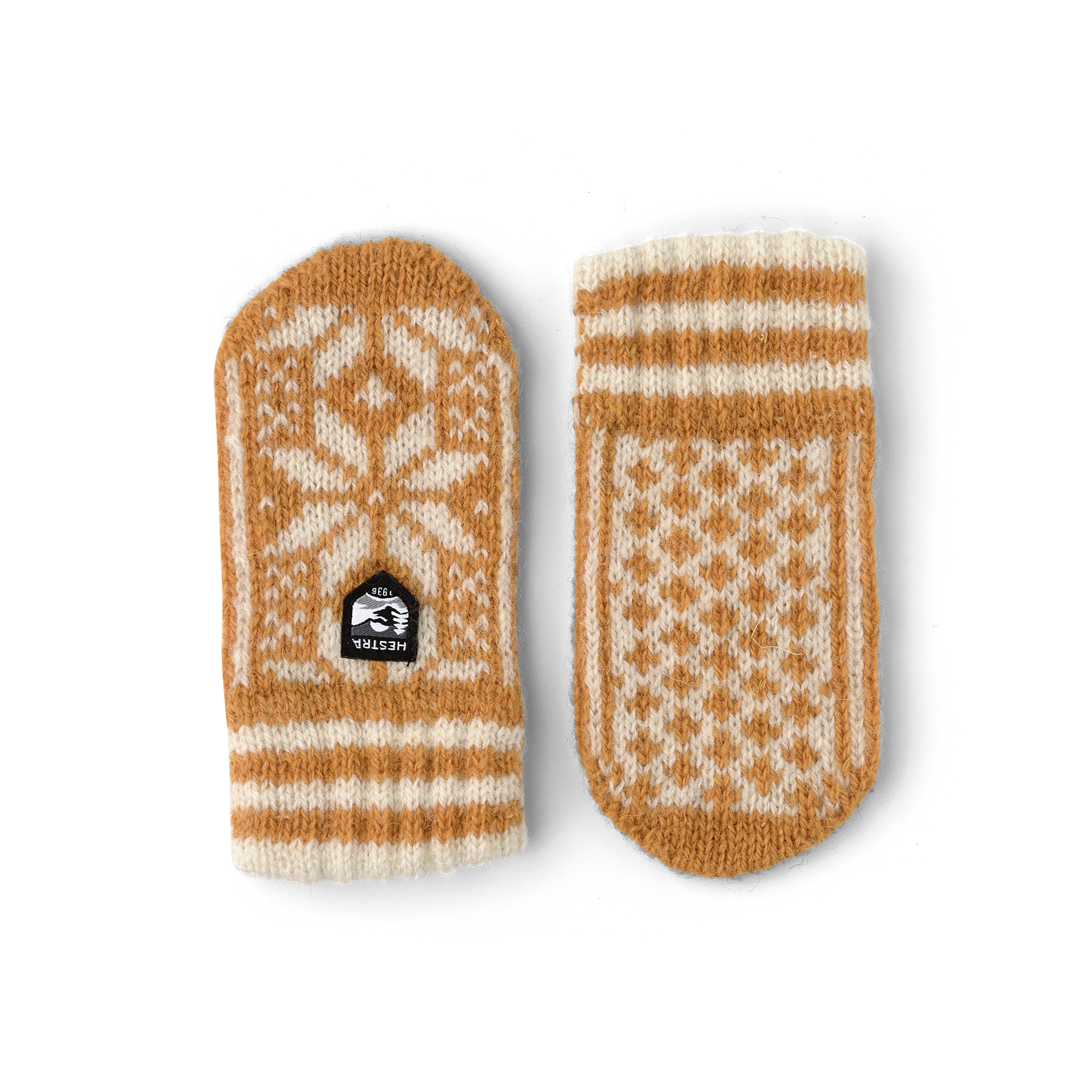 Dunkelgelb-weißer Strickfäustling aus Wollmix
