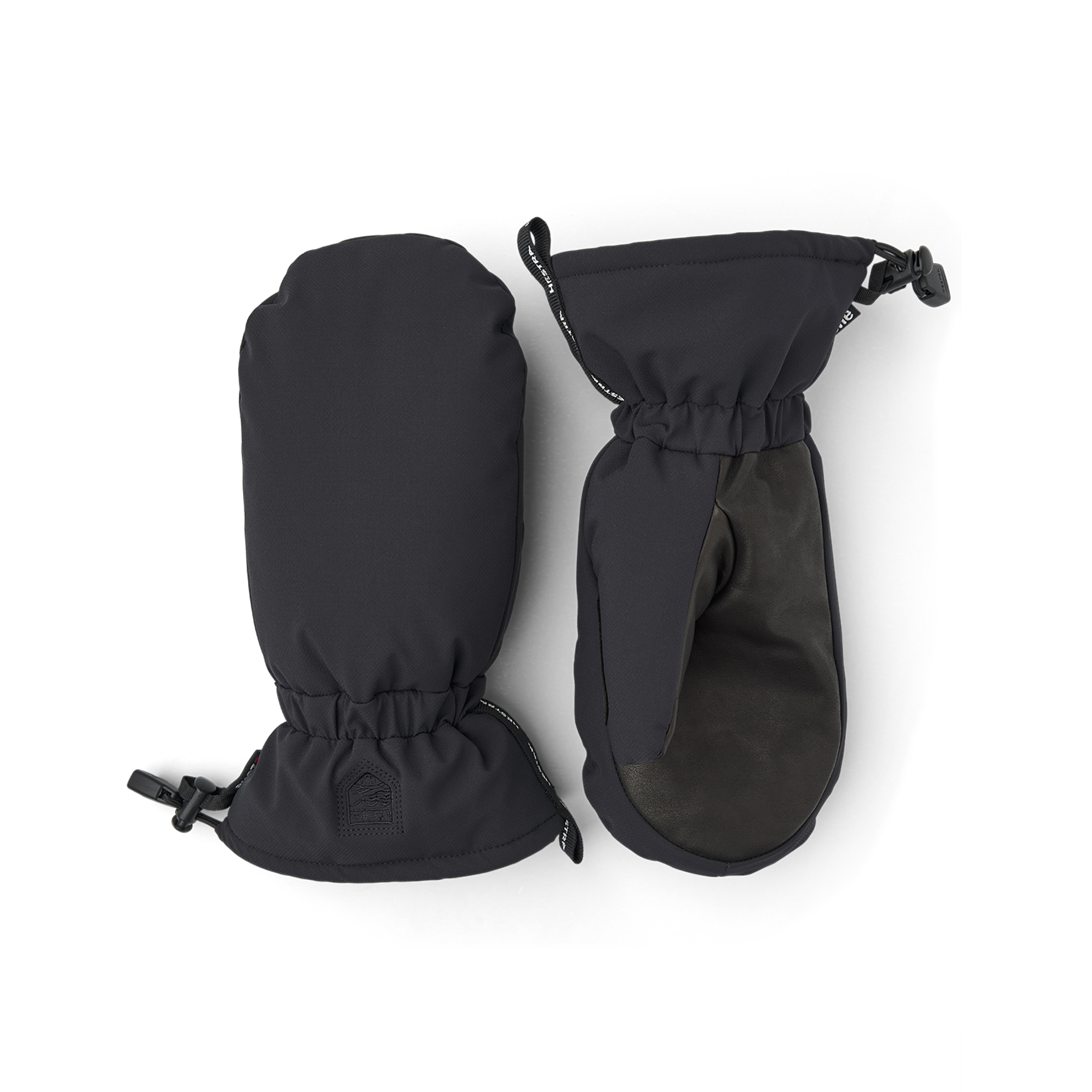 Schwarzer Fausthandschuh aus Stoff mit schwarzem Ziegenleder an der Innenhand