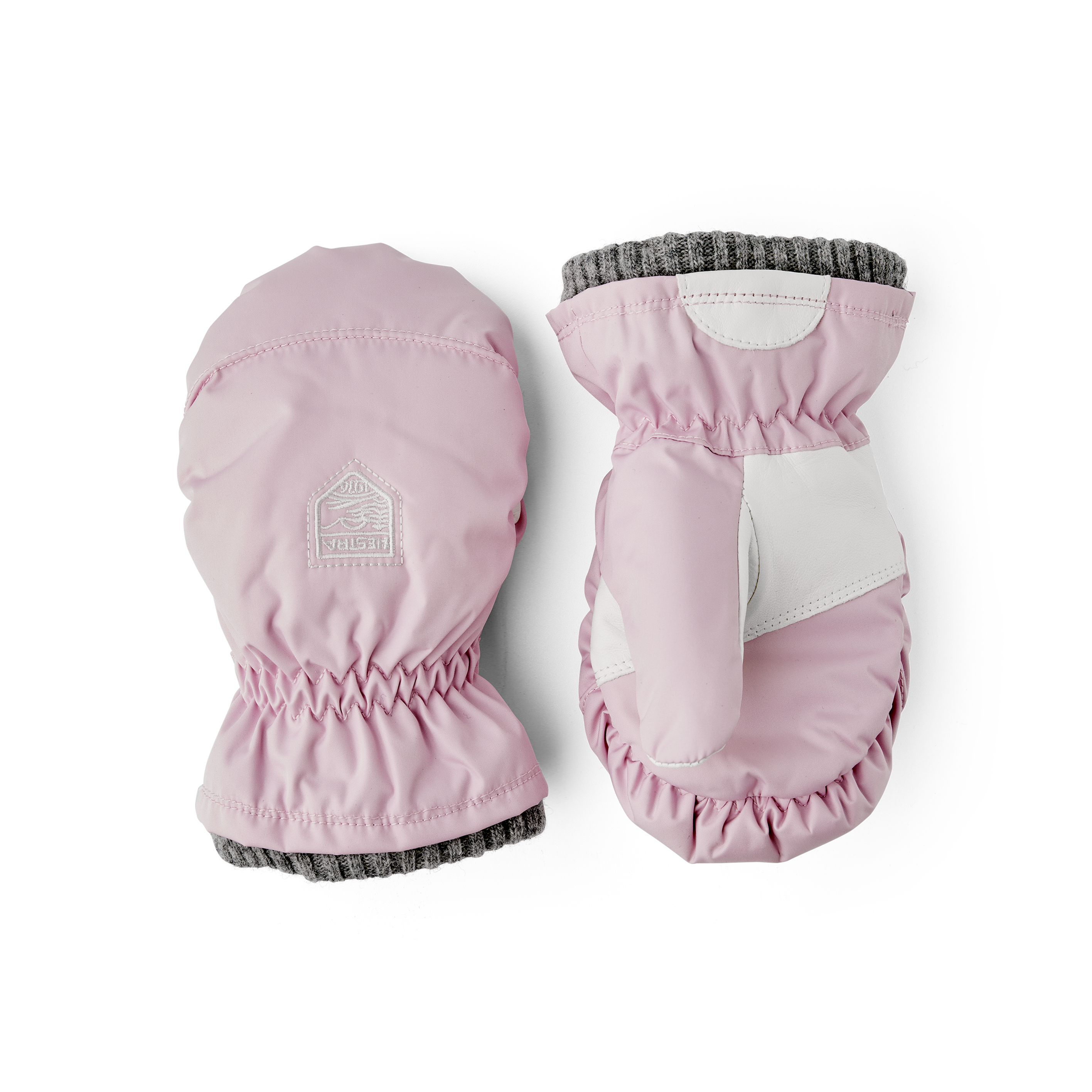 Hellrosa Fausthandschuh aus Stoff mit grauem Bündchen und weißer Innenhand aus Haarschafleder