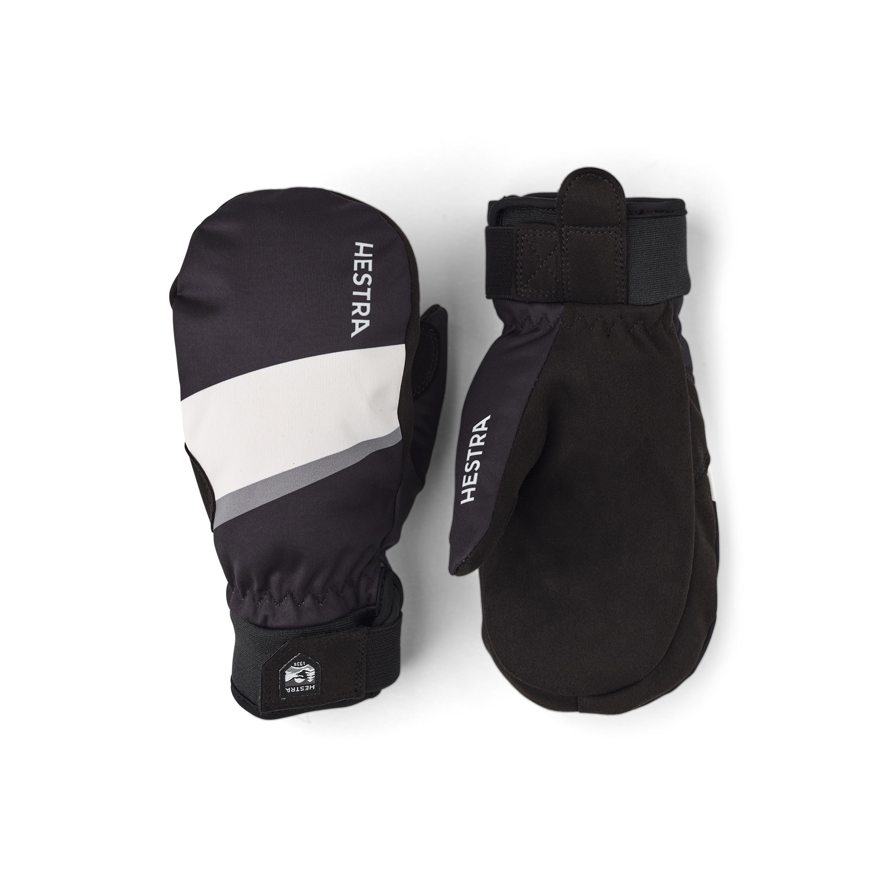 Schwarz-weißer Fausthandschuh aus Stoff mit schwarzer Innenhand aus synthetischem Wildleder