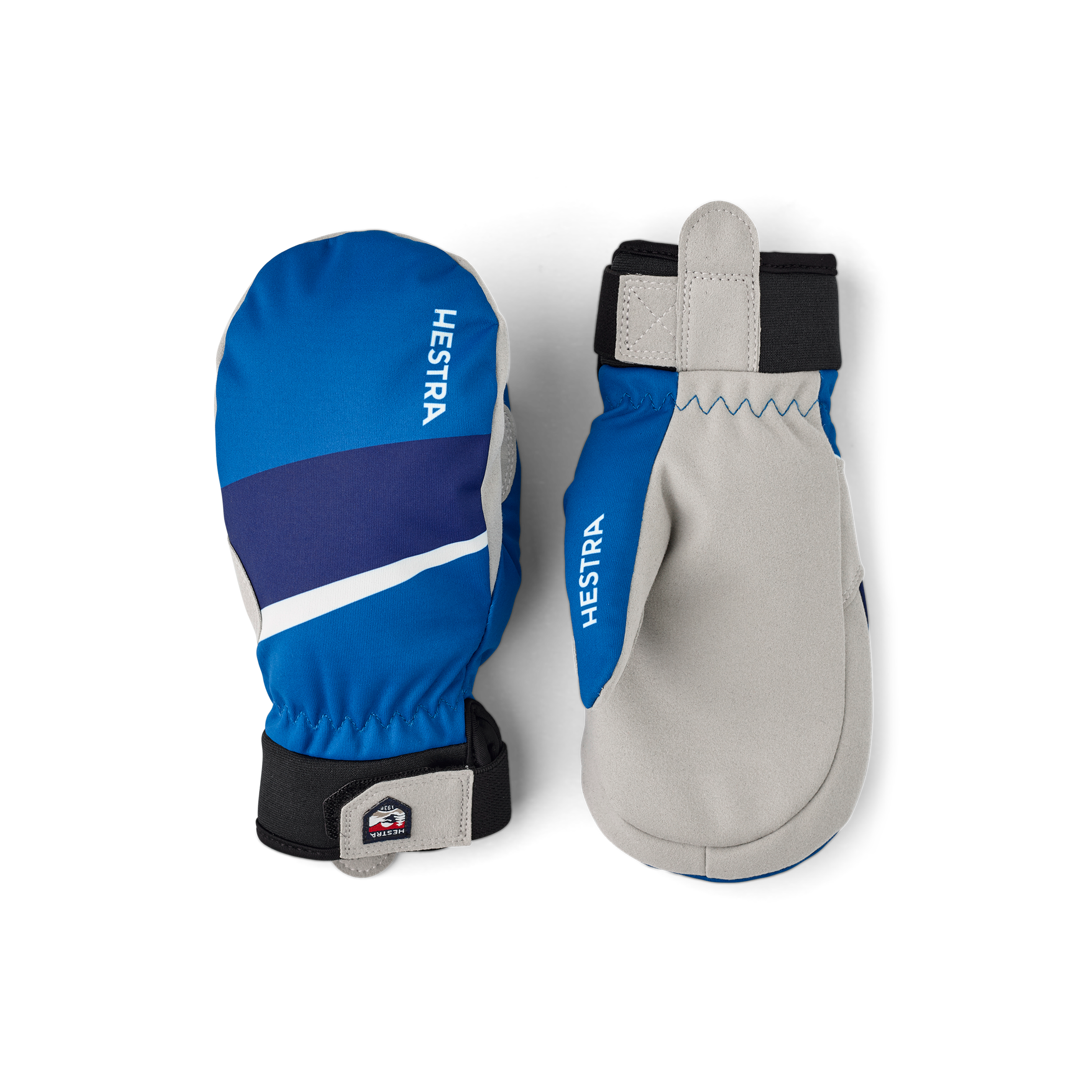 Königsblauer Fausthandschuh aus Stoff mit grauer Innenhand aus synthetischem Wildleder