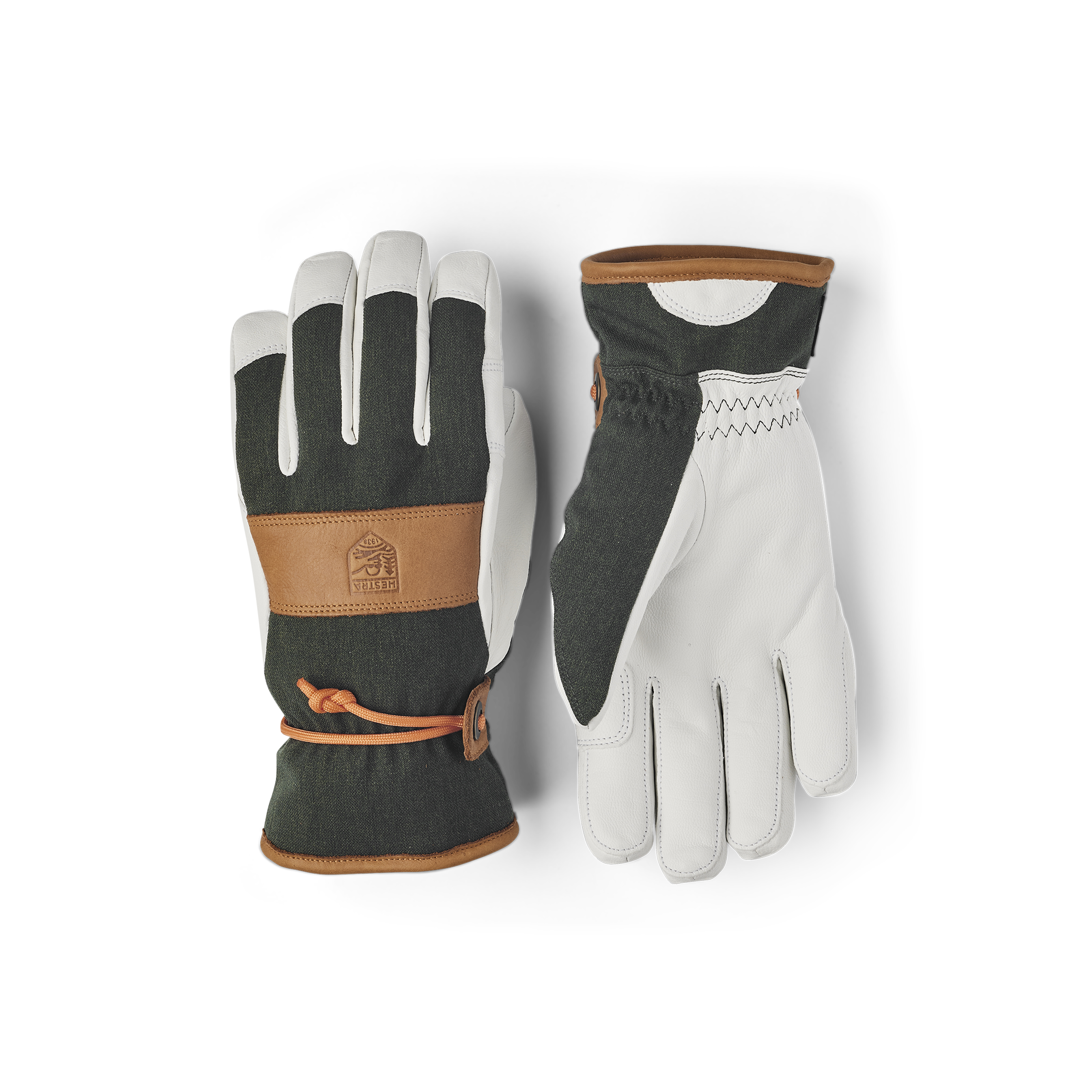 Dunkelgrüner Skihandschuh mit weißem Ziegenleder an der Innenhand und Handgelenkschlaufe