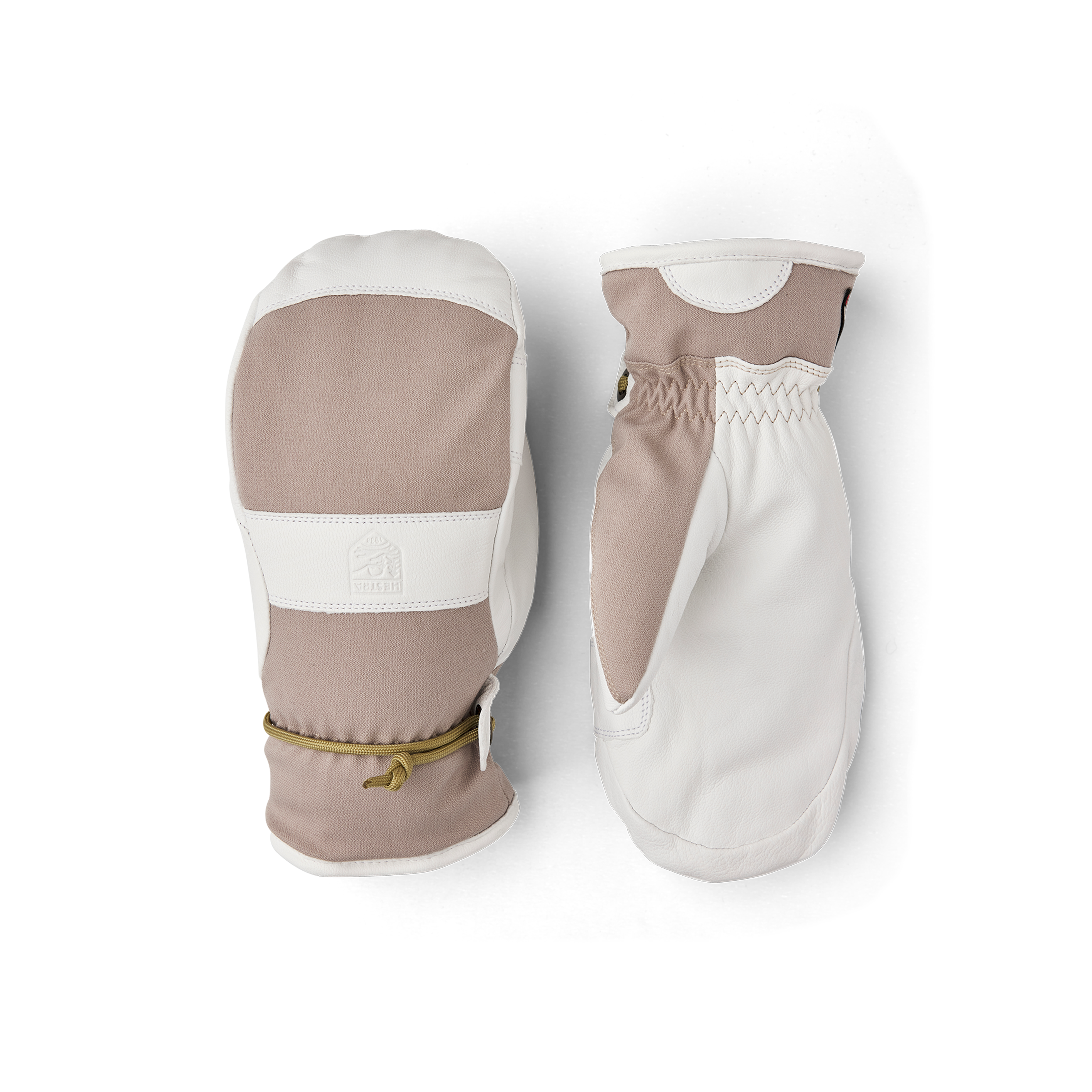 Beiger Fausthandschuh mit weißem Ziegenleder an der Innenhand und Handgelenkschlaufe