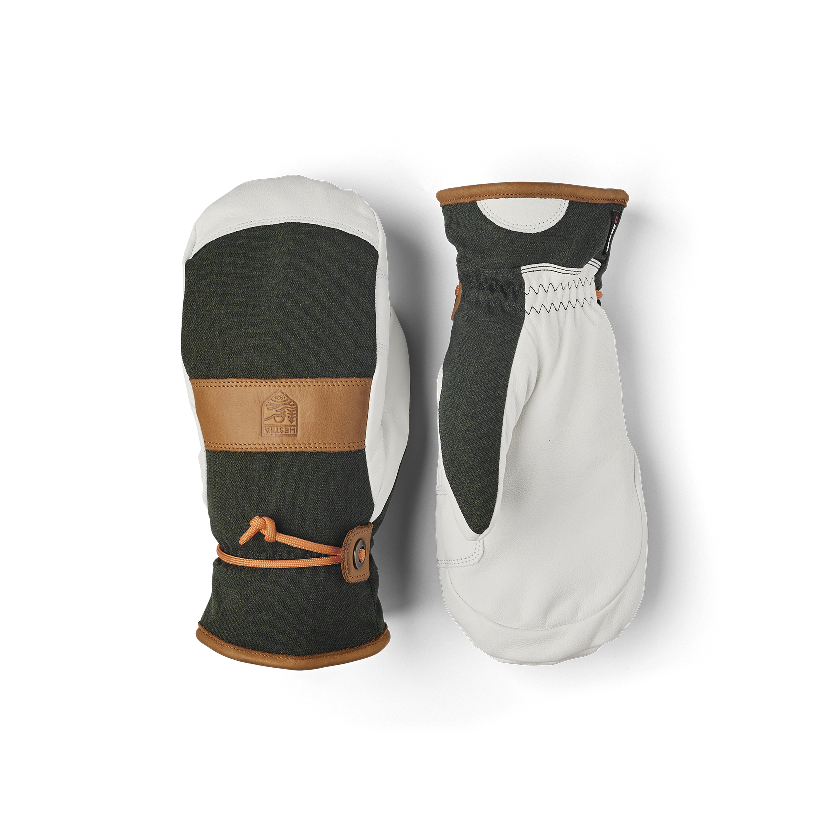 Dunkelgrüner Fausthandschuh mit weißem Ziegenleder an der Innenhand und Handgelenkschlaufe