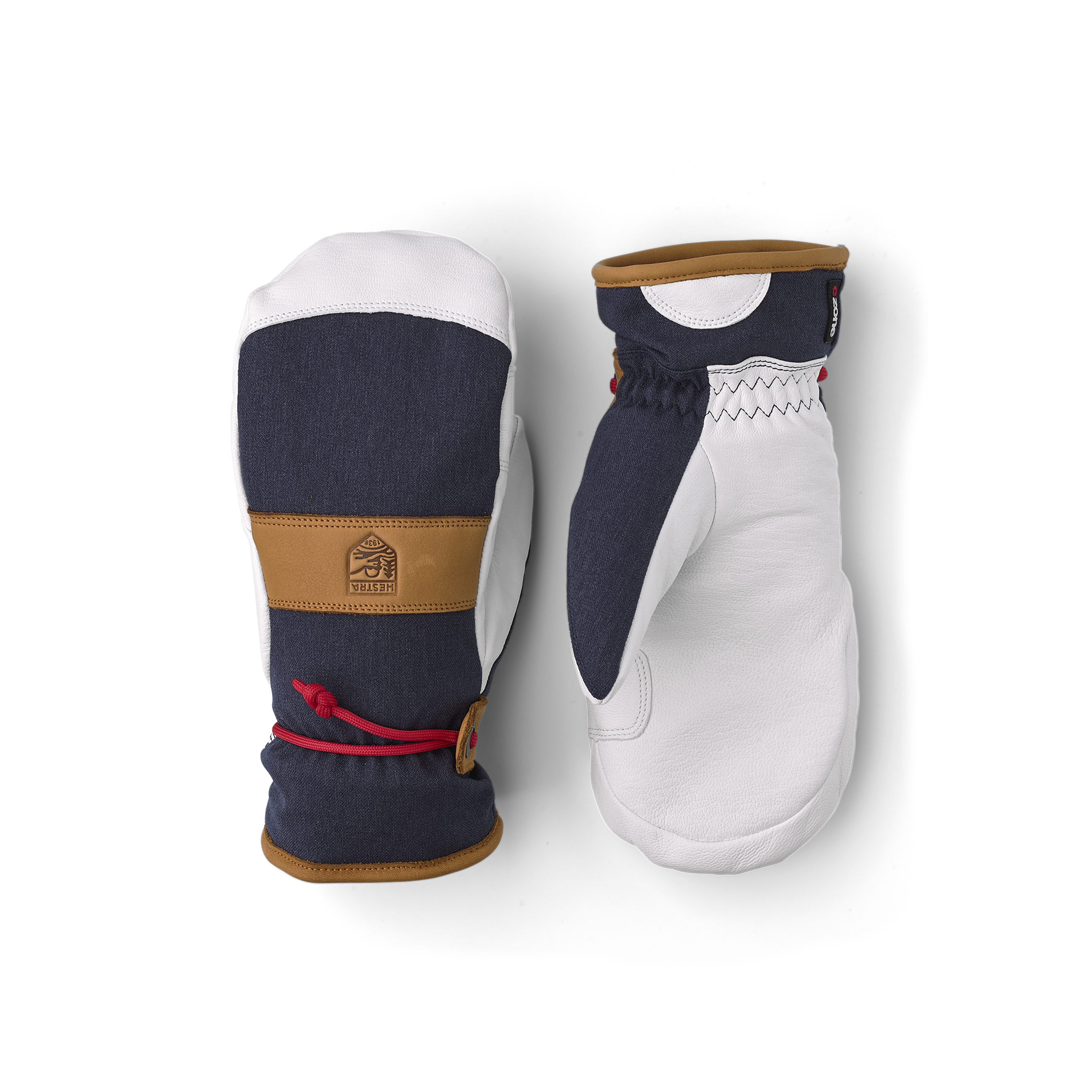 Dunkelblauer Fausthandschuh mit weißem Ziegenleder an der Innenhand und Handgelenkschlaufe