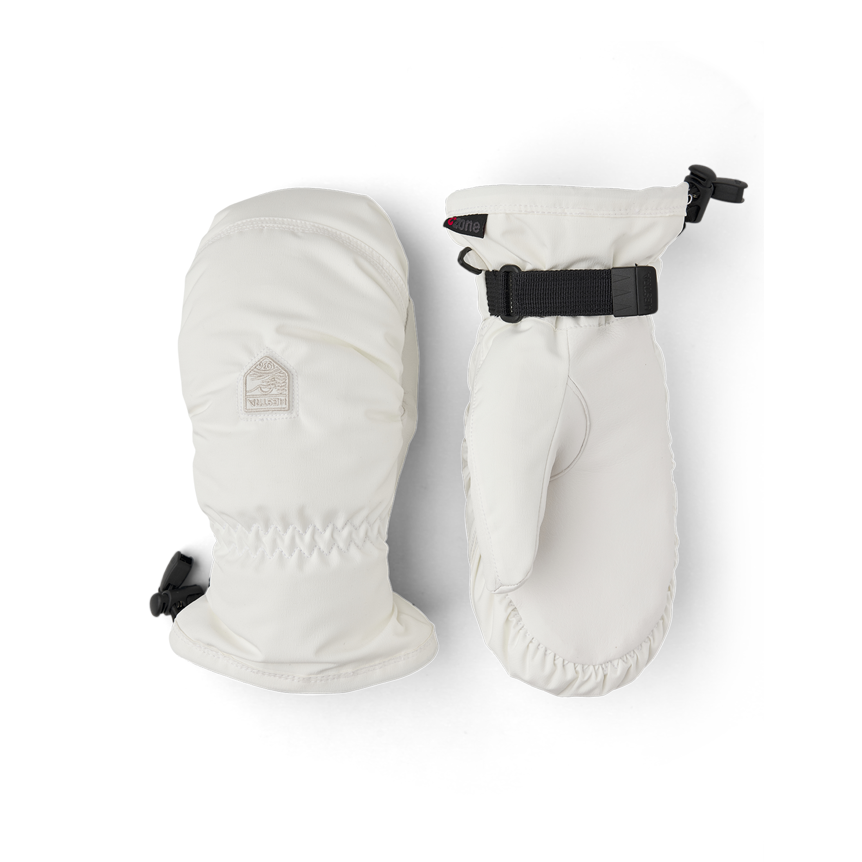 Weißer Fausthandschuh aus Stoff mit weißem Haarschafleder an der Innenhand und verstellbarem Handgelenkverschluss