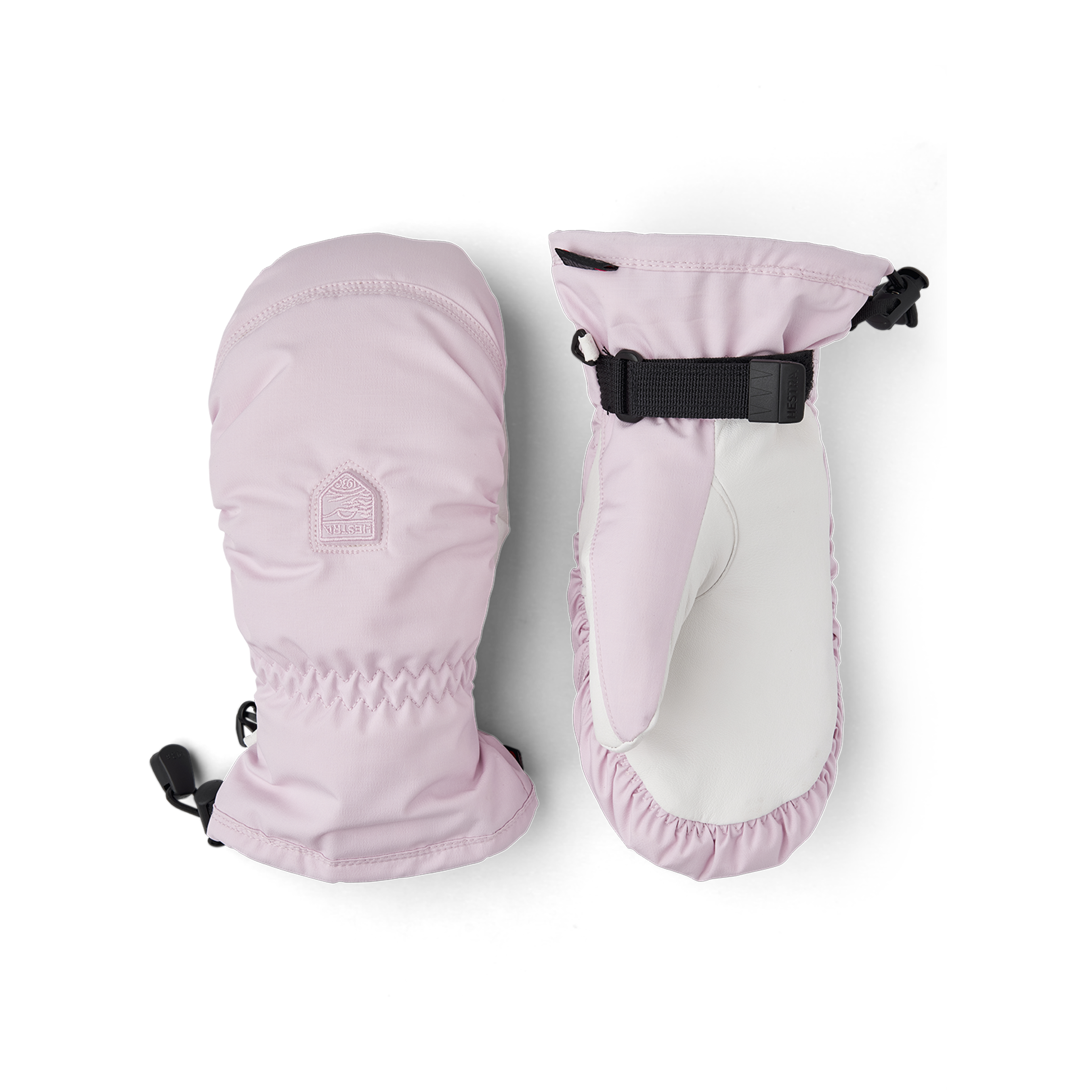 Hellrosa Fausthandschuh aus Stoff mit weißem Haarschafleder an der Innenhand und verstellbarem Handgelenkverschluss