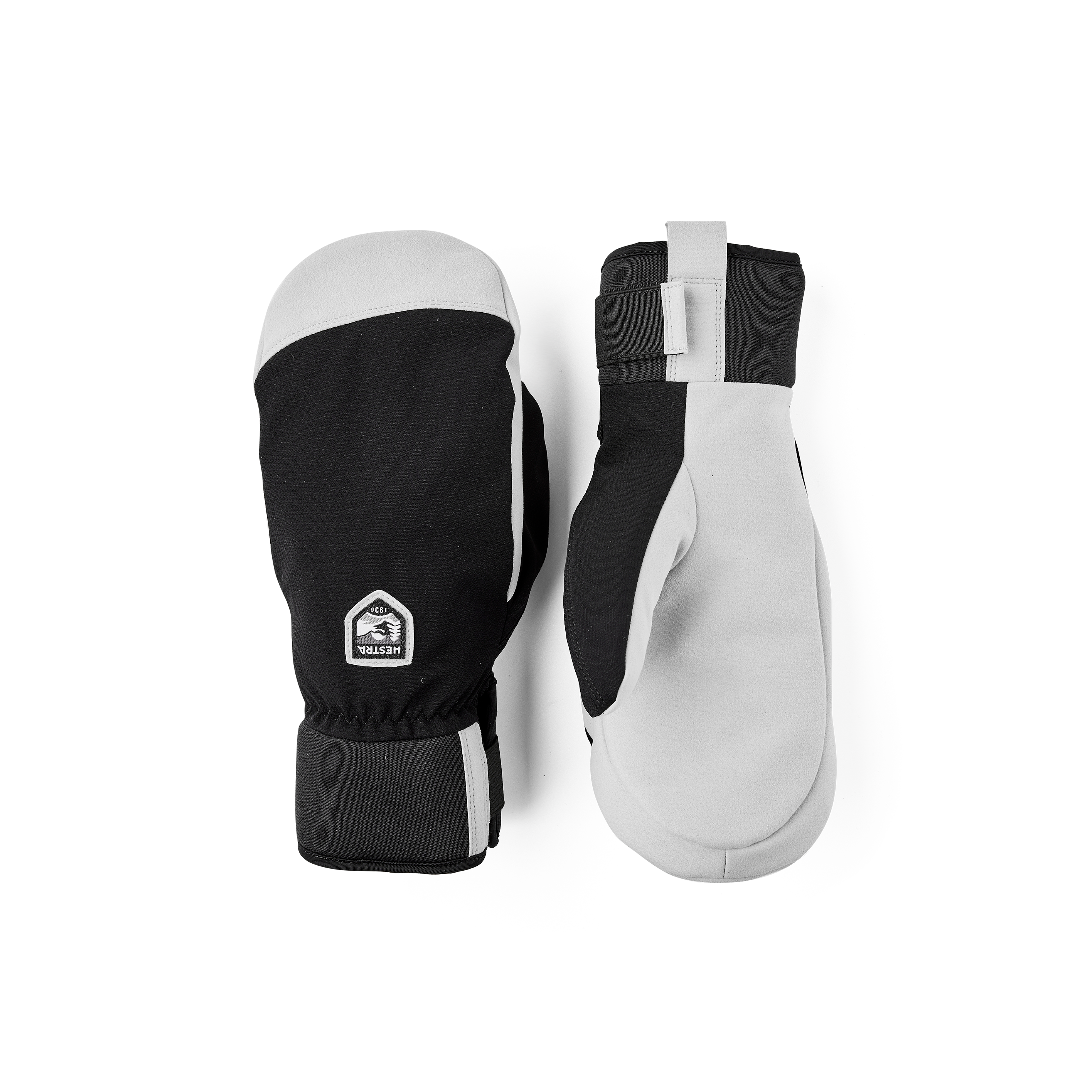 Schwarzer Fausthandschuh aus Stoff mit grauer Innenhand aus synthetischem Wildleder