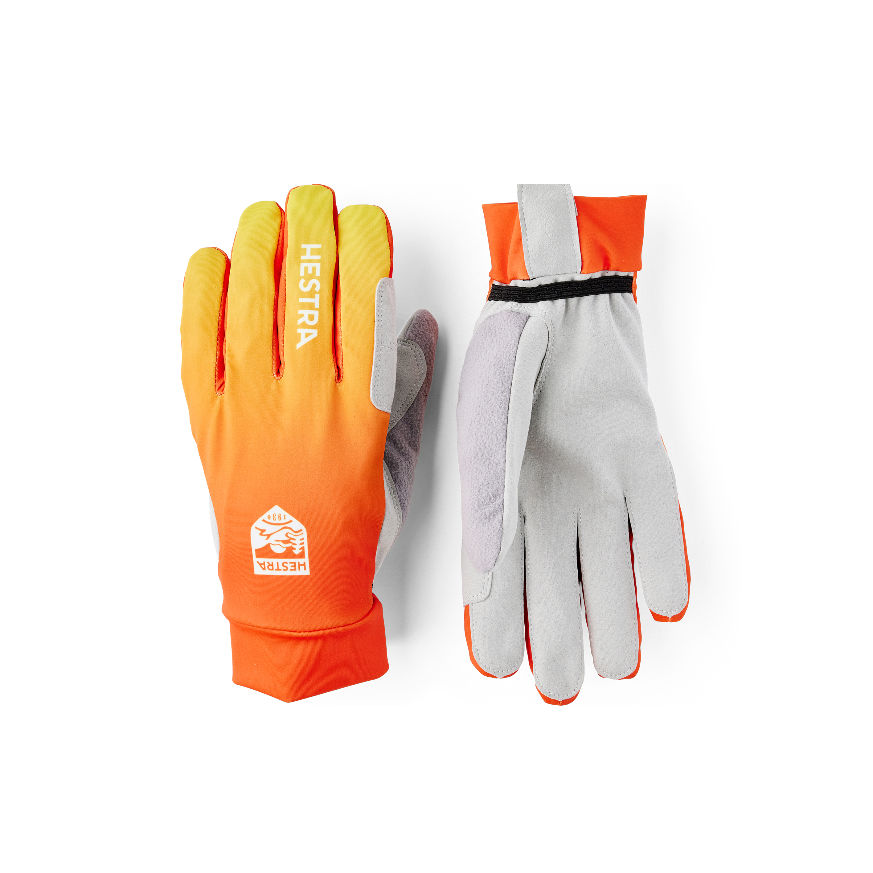 Orange-gelber Langlaufhandschuh aus Stoff mit grauer Innenhand aus synthetischem Wildleder