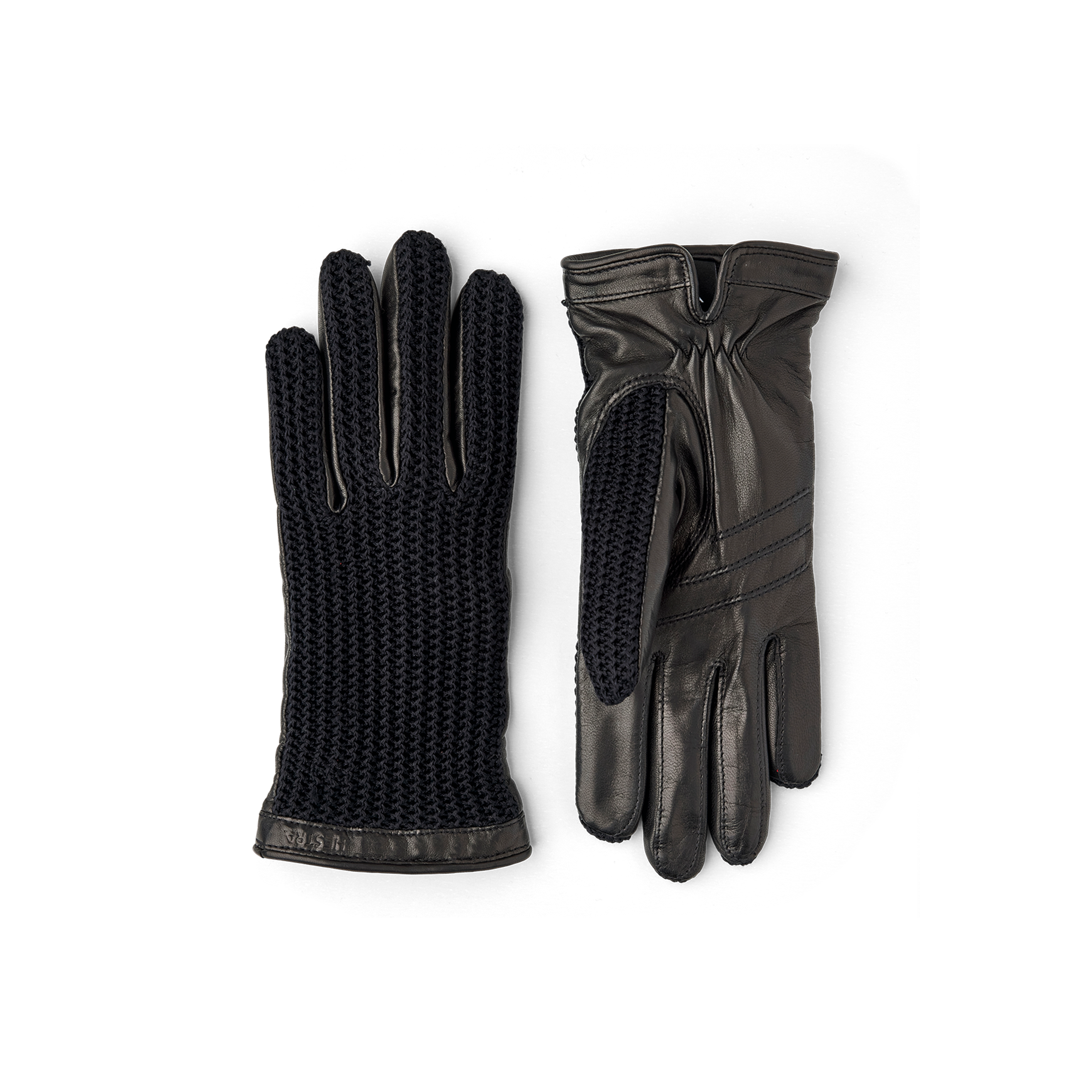 Schwarzer maschinengenähter Lederhandschuh mit gehäkelter Oberhand aus Baumwolle