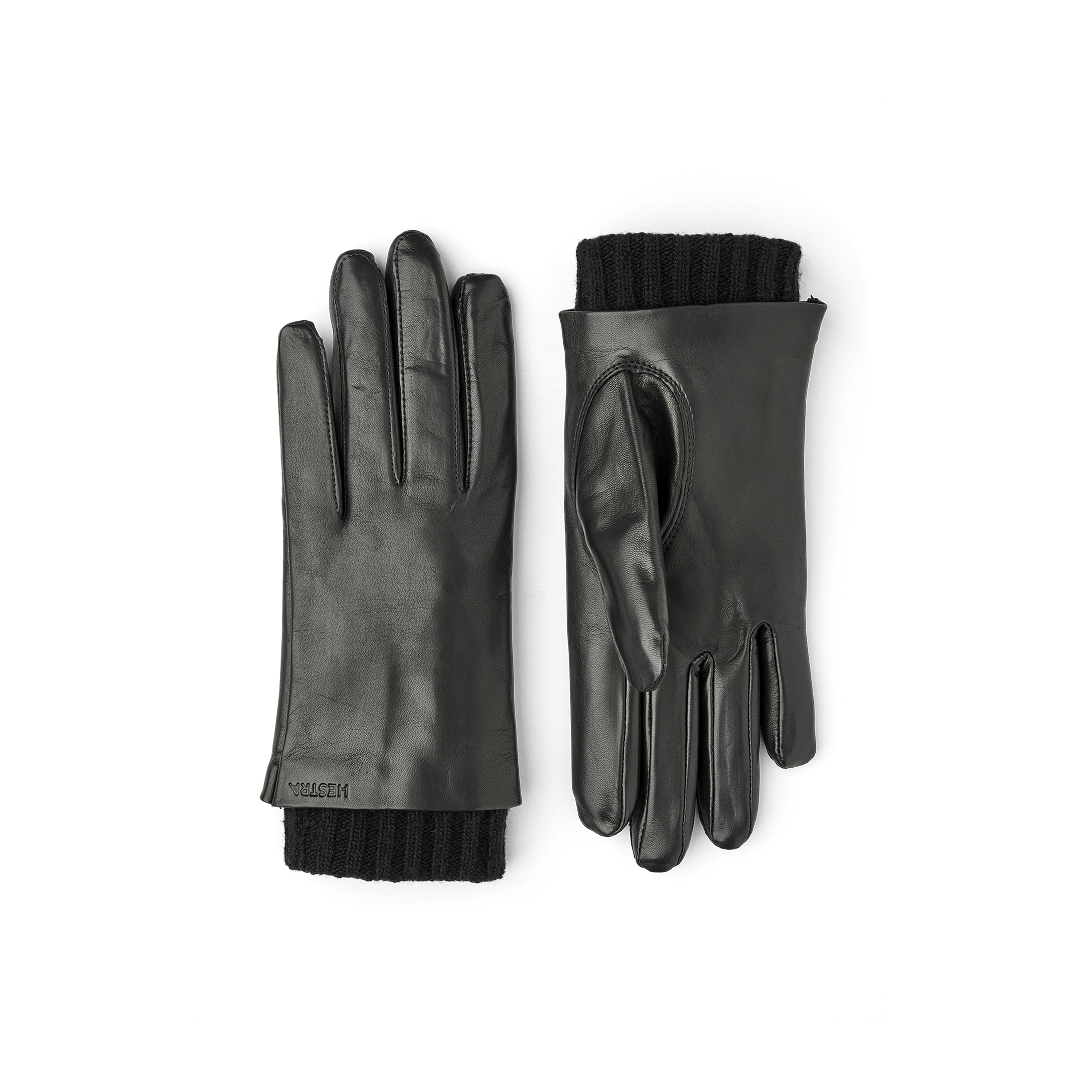 Schwarzer maschinengenähter Lederhandschuh aus Haarschafleder mit Strickbündchen