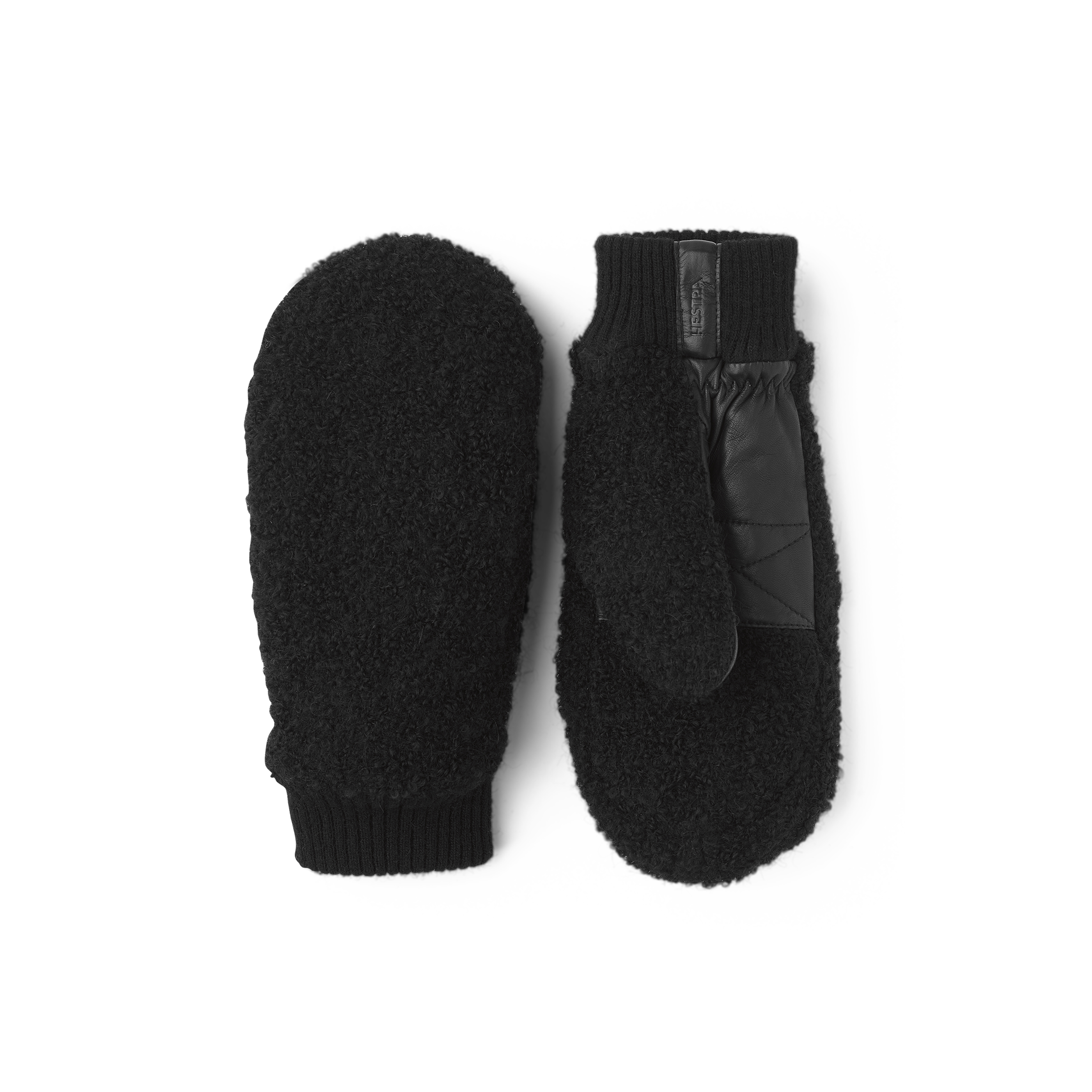 Schwarzer Fausthandschuh aus Teddyfleece mit Innenhand aus schwarzem Haarschafleder