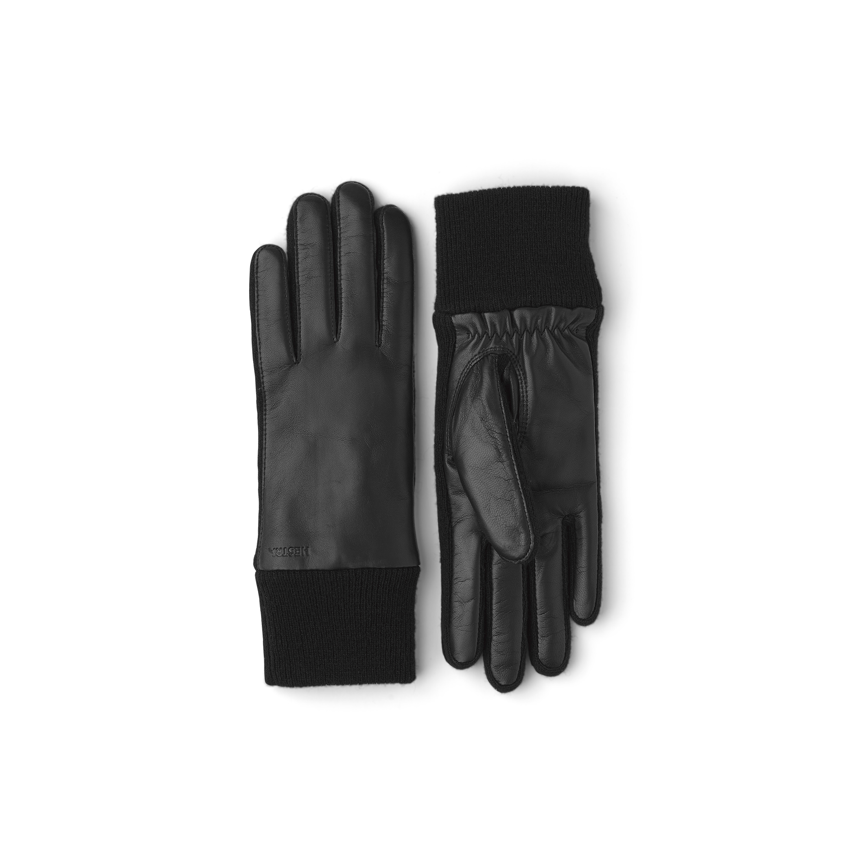 Schwarzer maschinengenähter Lederhandschuh aus Haarschafleder mit Bündchen und seitlichen Einsätzen aus Strick