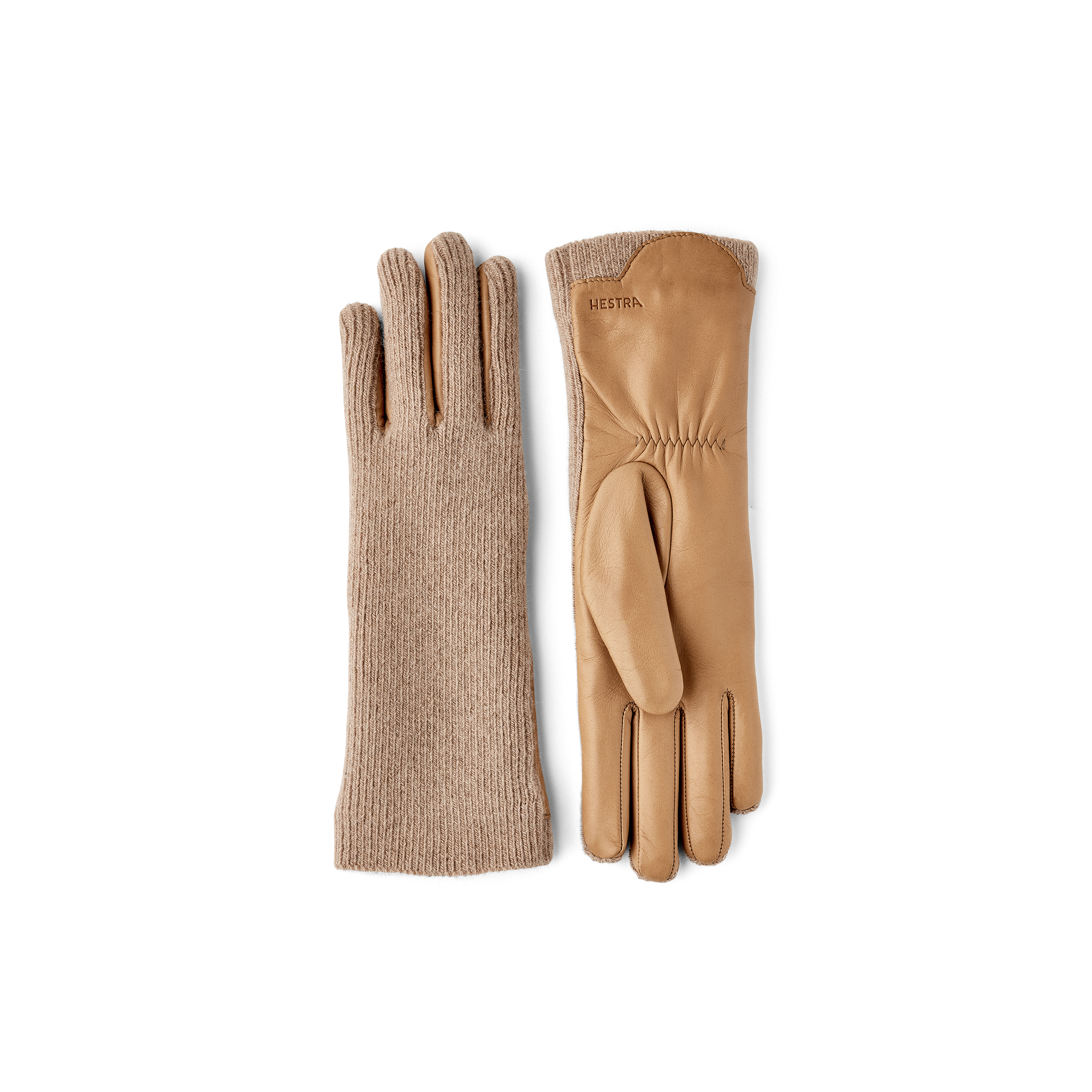 Mittelgrauer maschinengenähter Lederhandschuh aus Haarschafleder mit gestrickter Oberhand aus hellgrauem Kaschmir