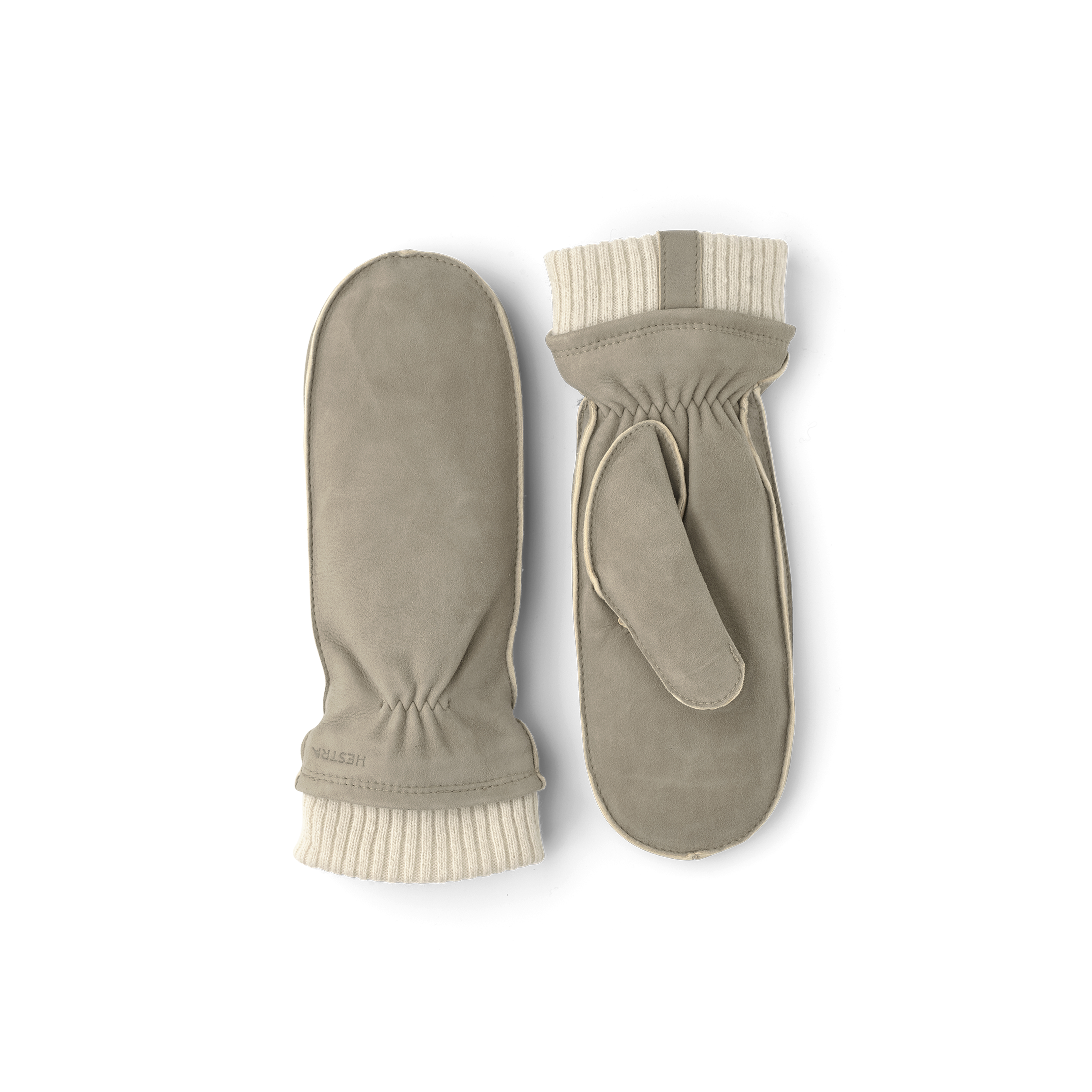 Beigegrauer maschinengenähter Fausthandschuh aus Wildleder mit hellbeigem Strickbündchen