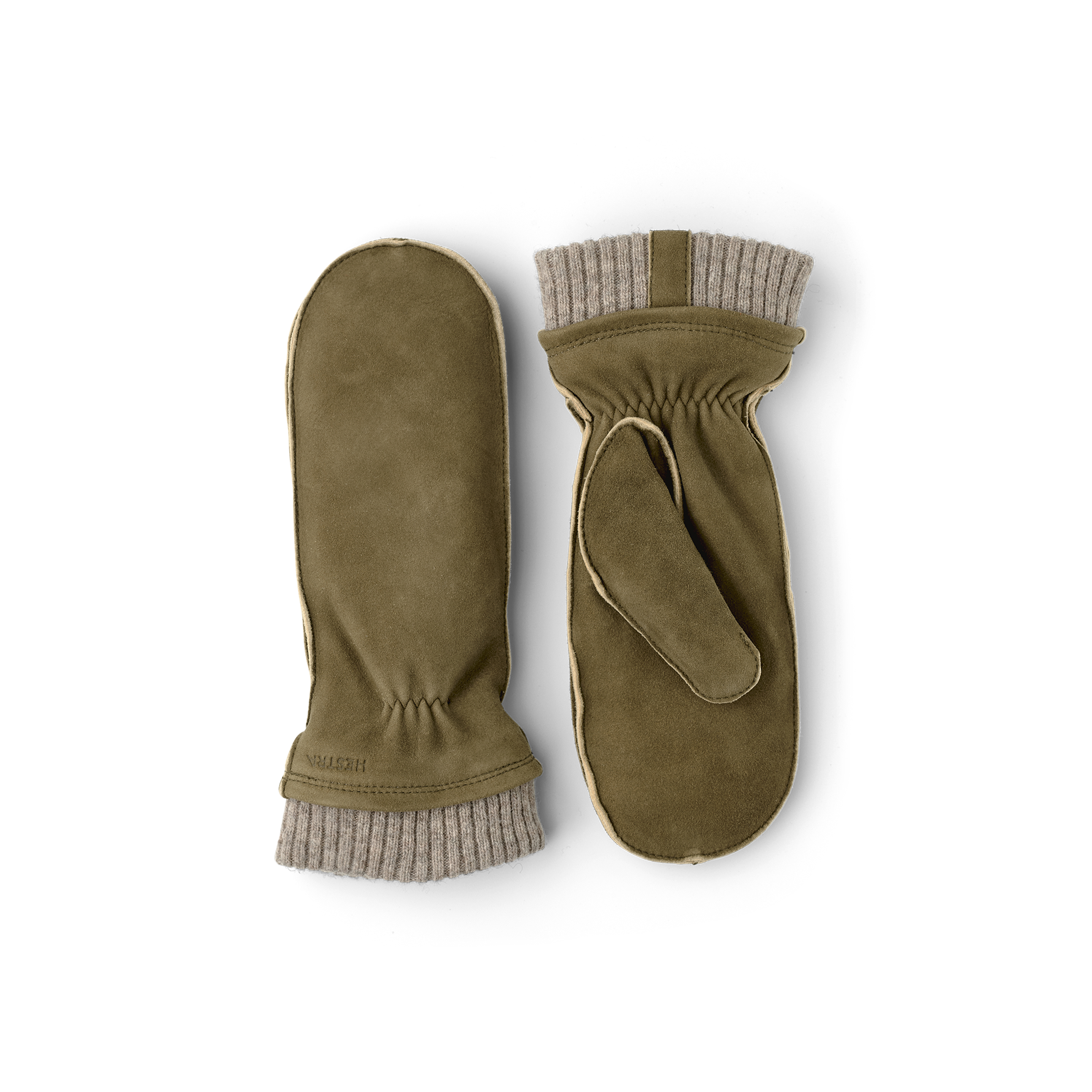 Moosgrüner maschinengenähter Fausthandschuh aus Wildleder mit beigem Strickbündchen