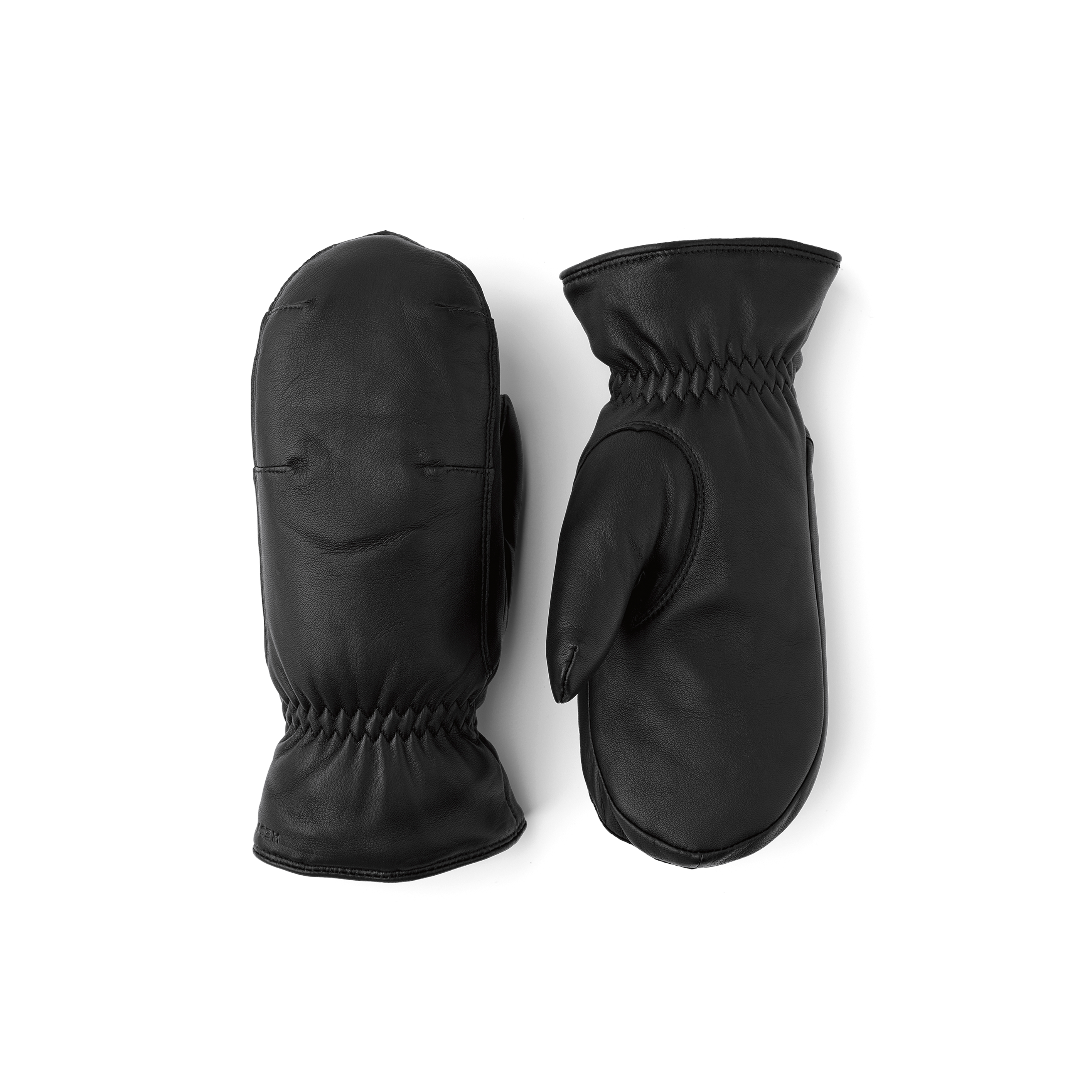 Schwarzer maschinengenähter Fausthandschuh aus Haarschafleder mit Gummizug am Handgelenk