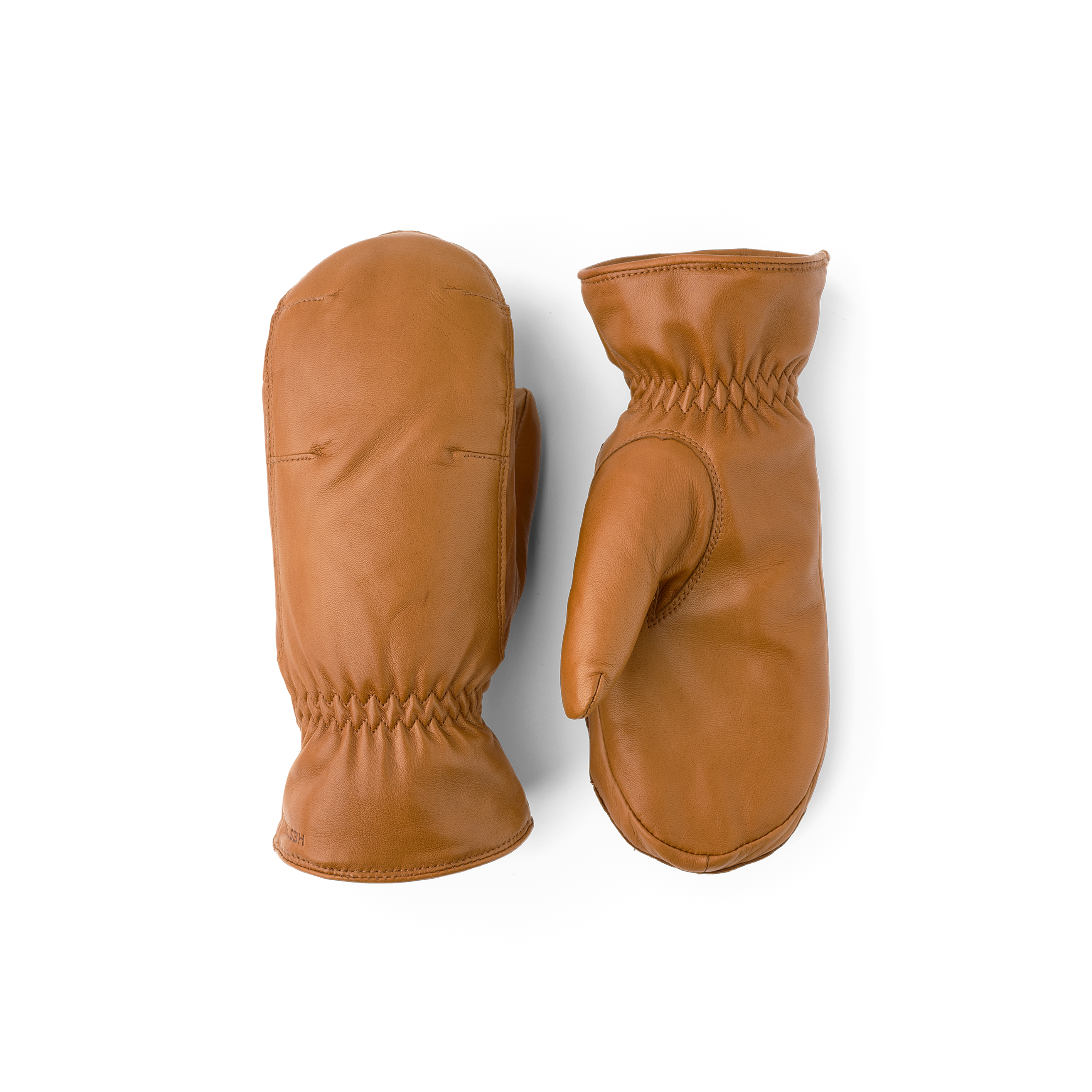 Goldbrauner maschinengenähter Fausthandschuh aus Haarschafleder mit Gummizug am Handgelenk