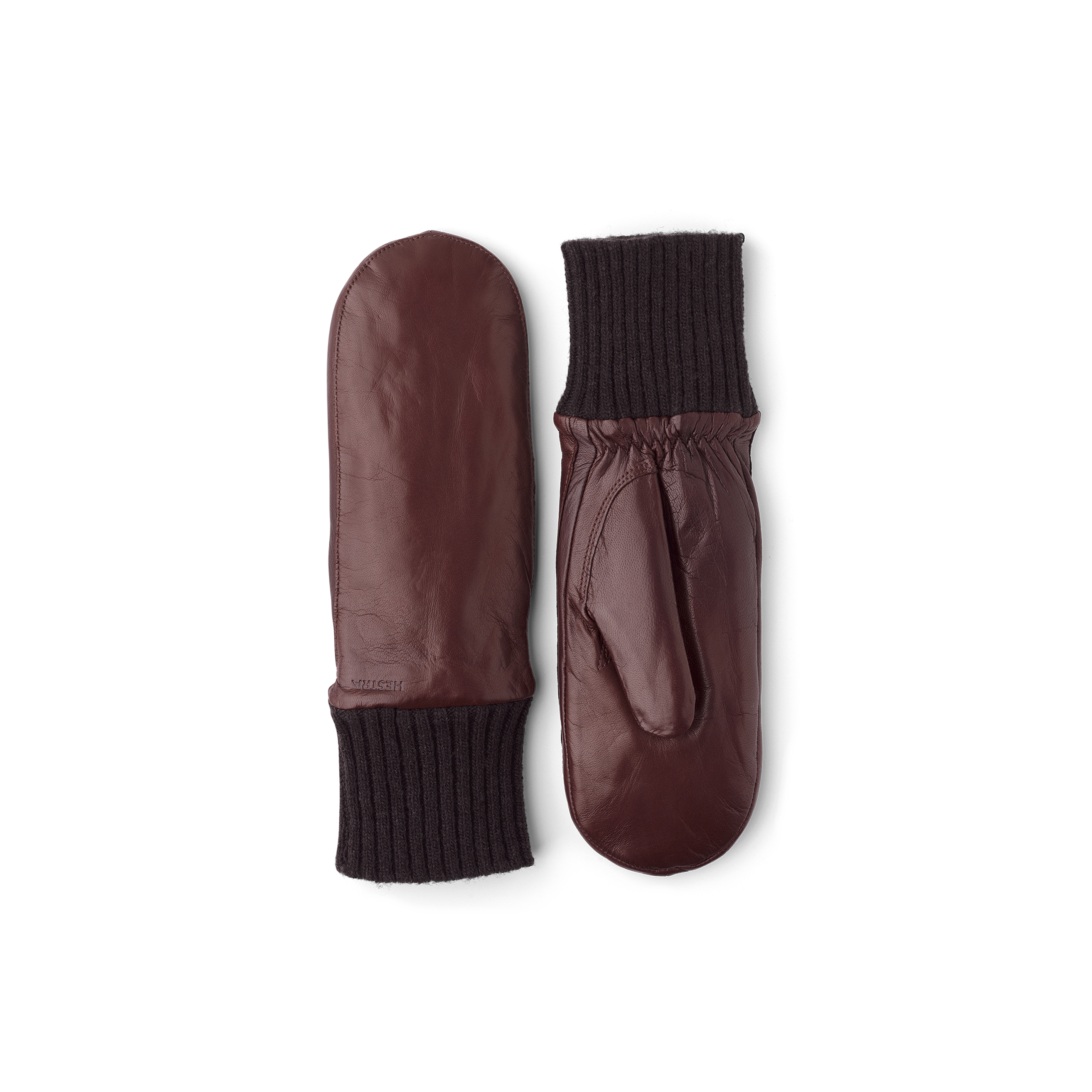 Brauner maschinengenähter Fausthandschuh aus Haarschafleder mit Strickbündchen