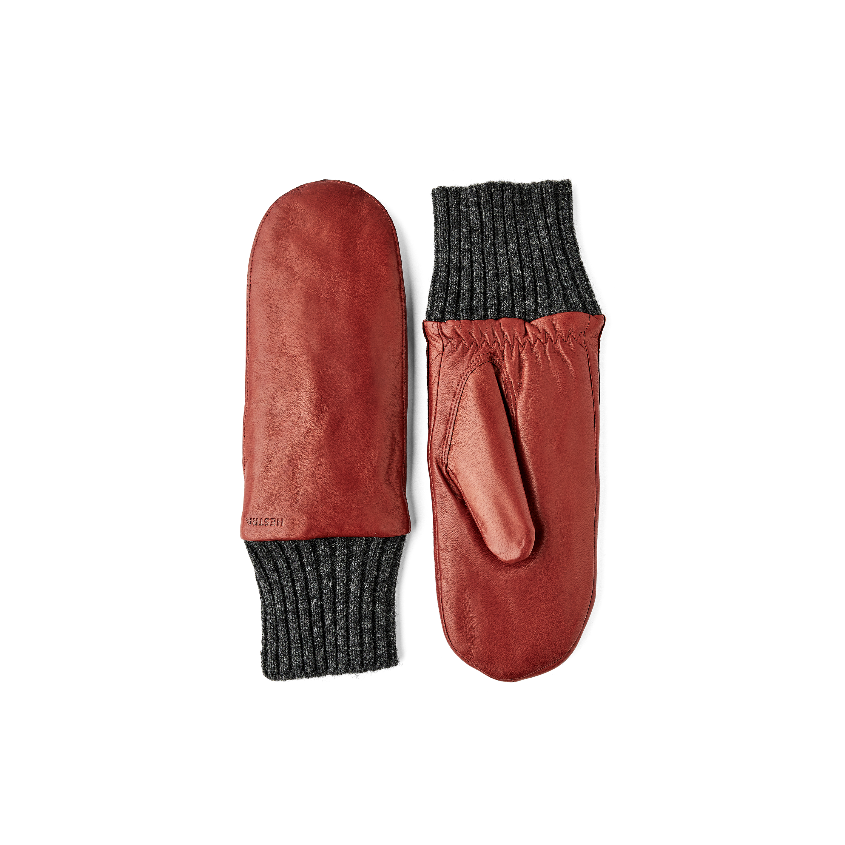 Rotbrauner maschinengenähter Fausthandschuh aus Haarschafleder mit grauem Strickbündchen