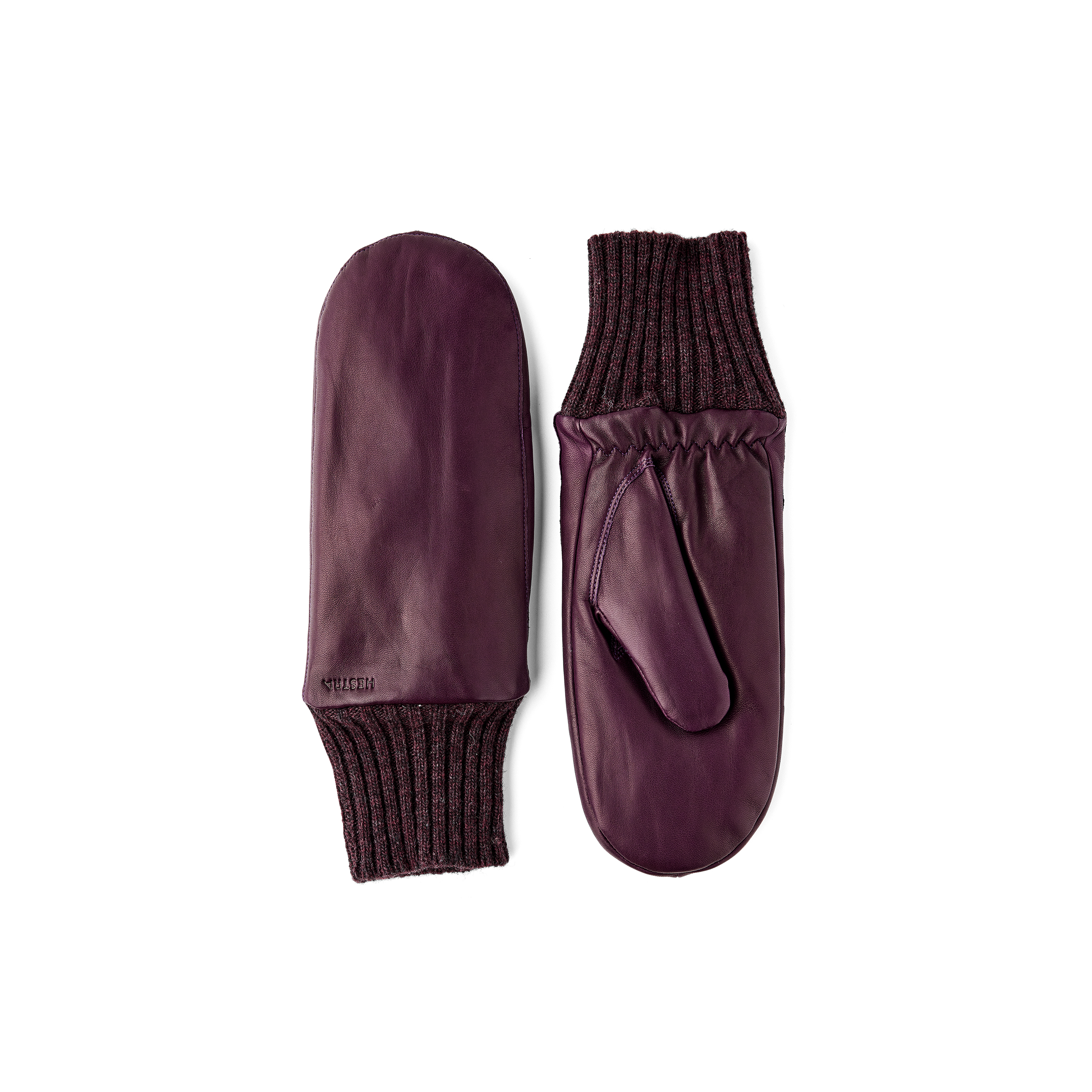 Dunkelvioletter maschinengenähter Fausthandschuh aus Haarschafleder mit Strickbündchen