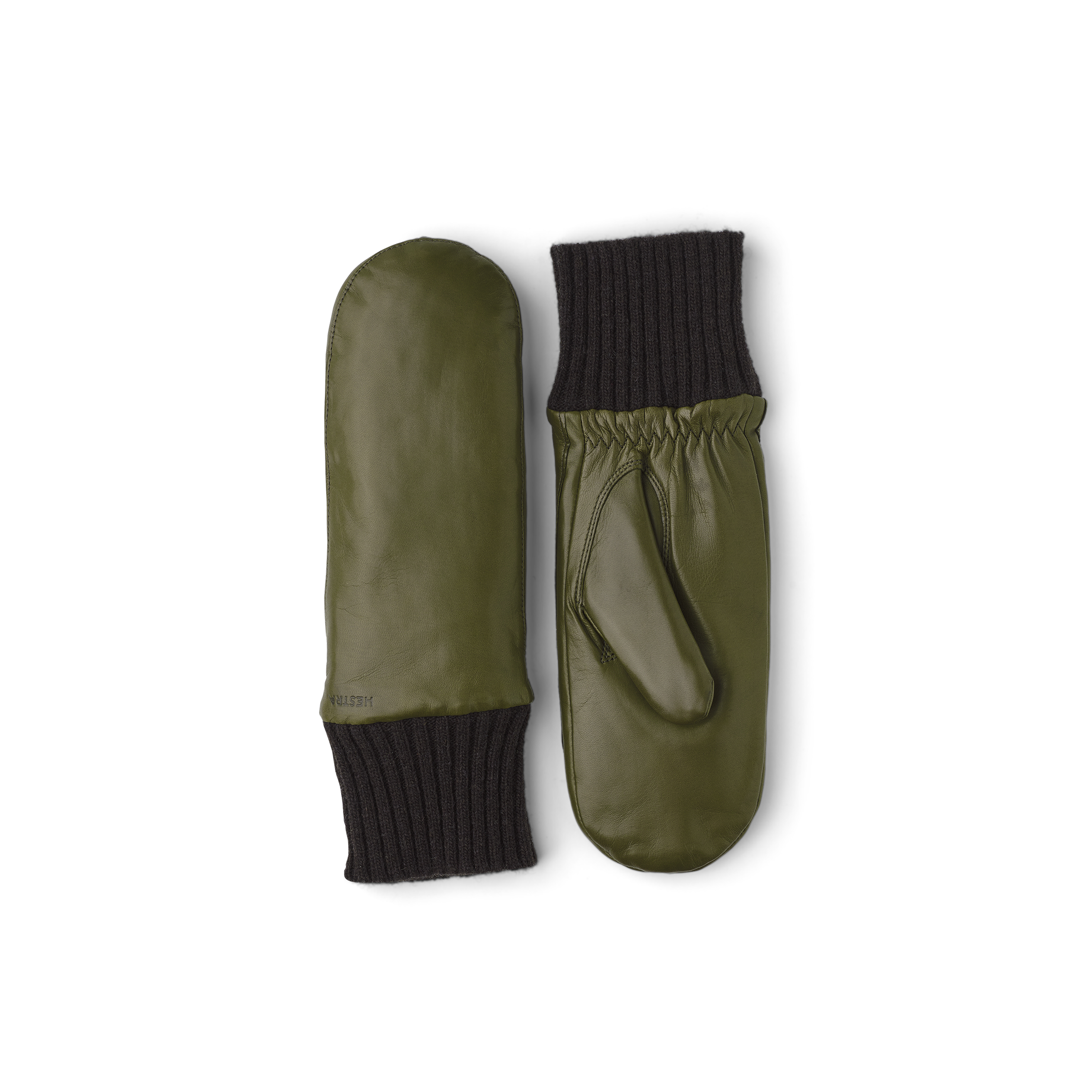 Moosgrüner maschinengenähter Fausthandschuh aus Haarschafleder mit braunem Strickbündchen