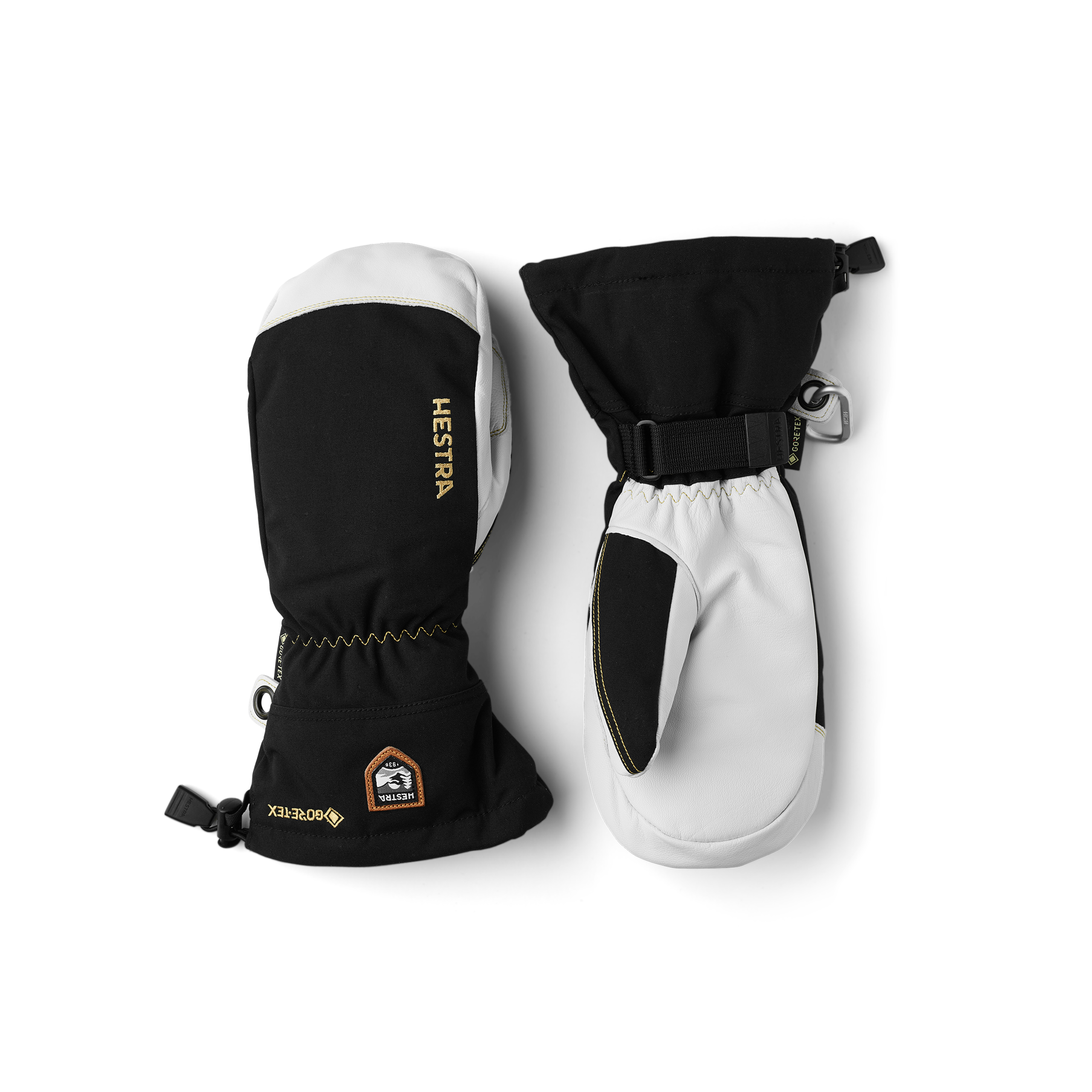 Schwarzer Fausthandschuh mit weißem Ziegenleder an der Innenhand und verstellbarem Handgelenkverschluss