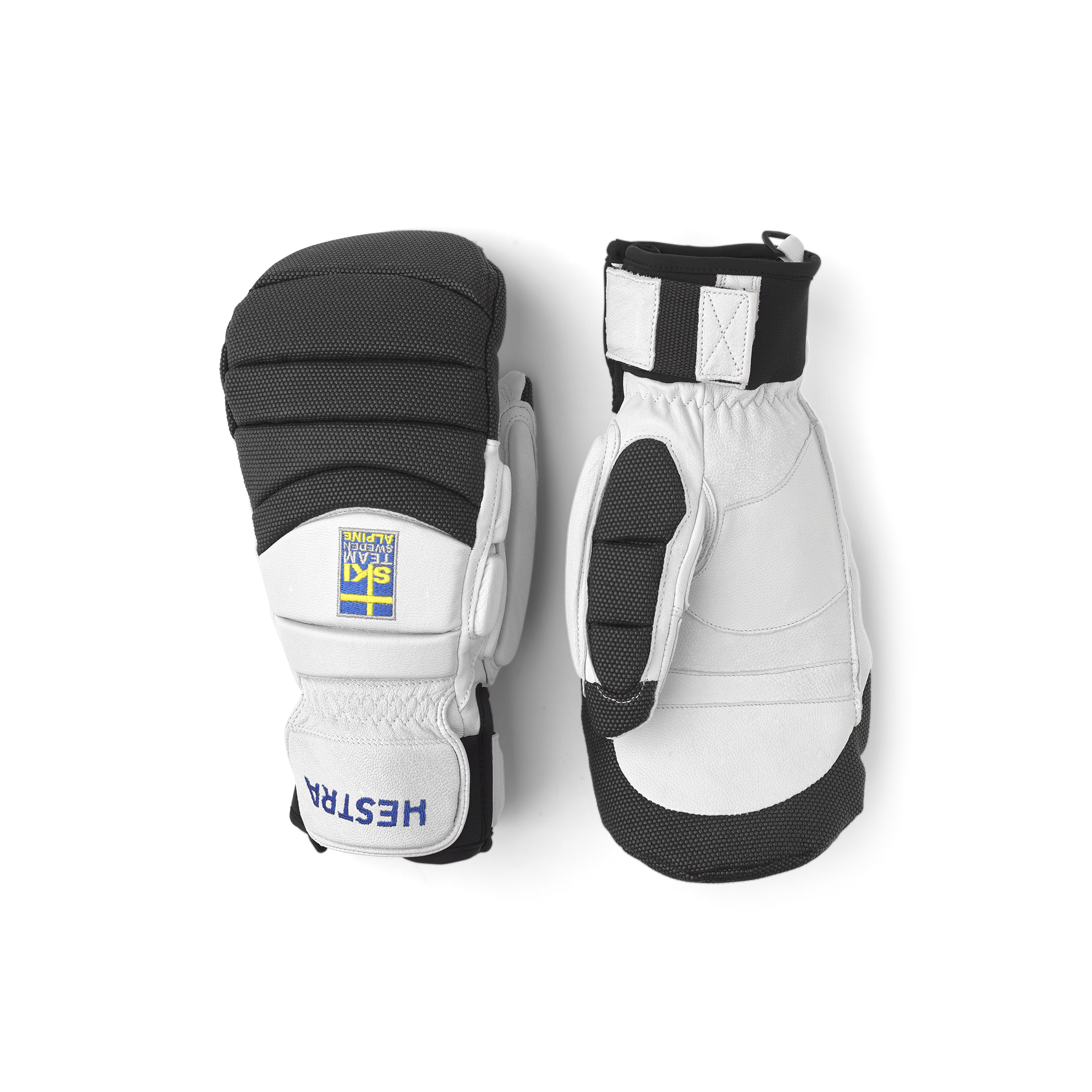 Weißer Alpin-Fausthandschuh aus Ziegenleder mit grauen Protektoren auf der Oberseite