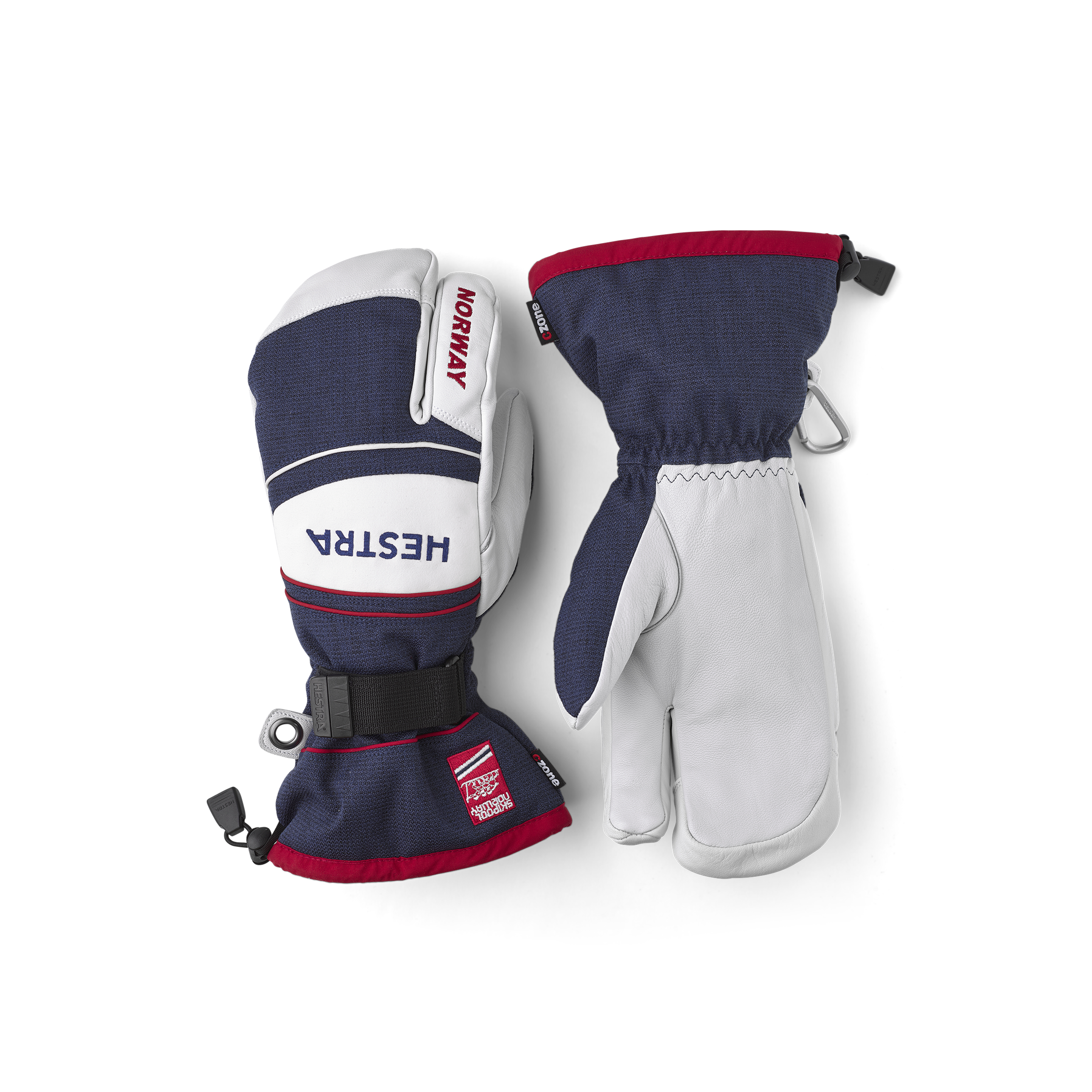 Blau-weißer Dreifingerhandschuh aus Ziegenleder und Stoff