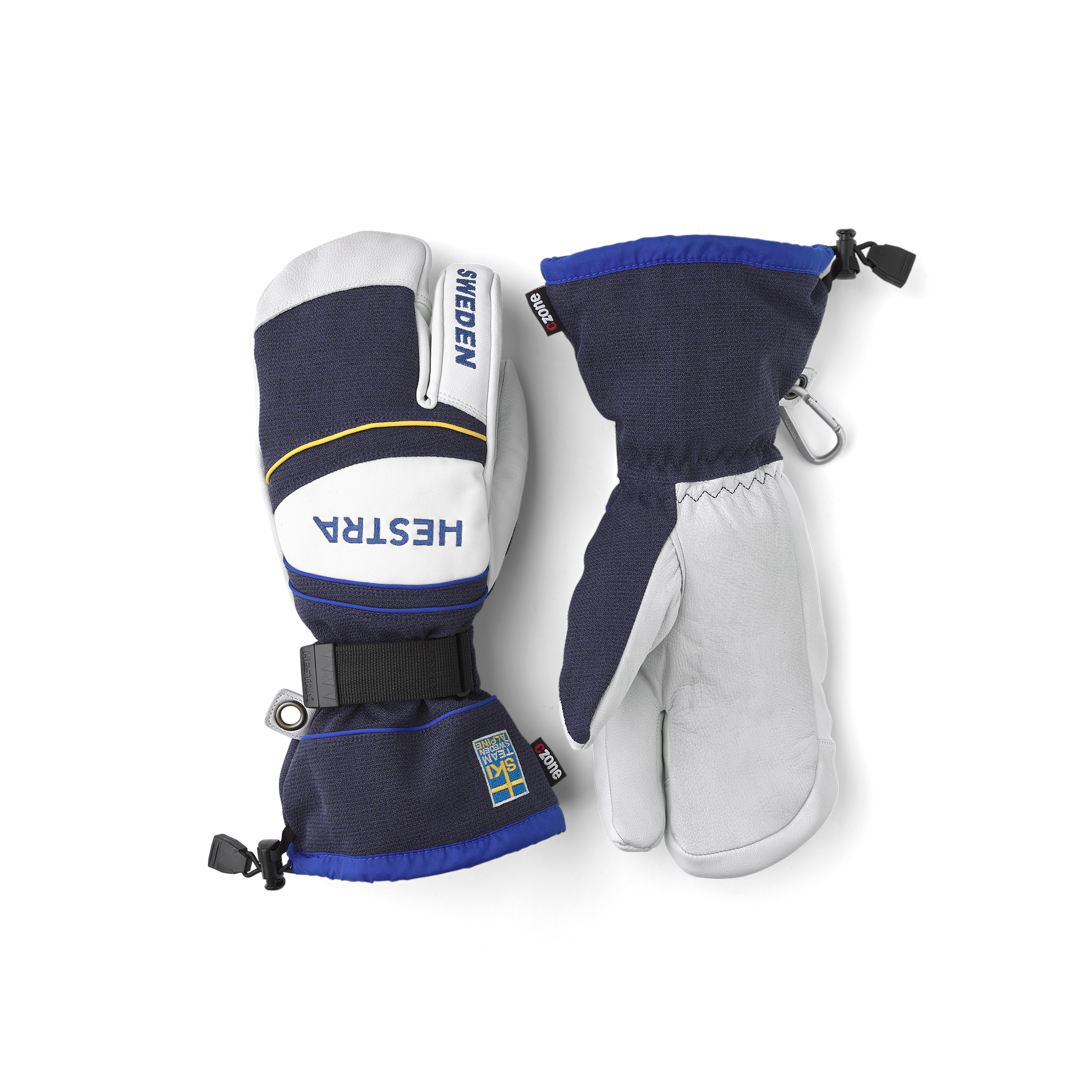 Blau-weißer Dreifingerhandschuh aus Ziegenleder und Stoff