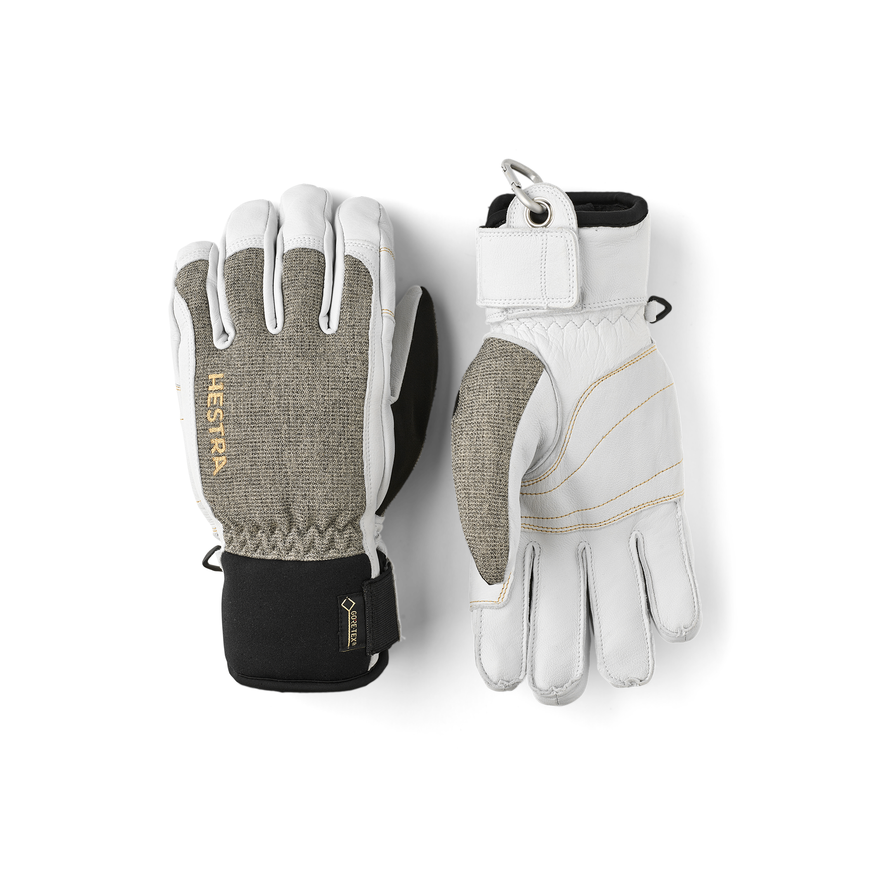 Weißer Skihandschuh aus Ziegenleder mit grauem Stoff auf der Oberhand