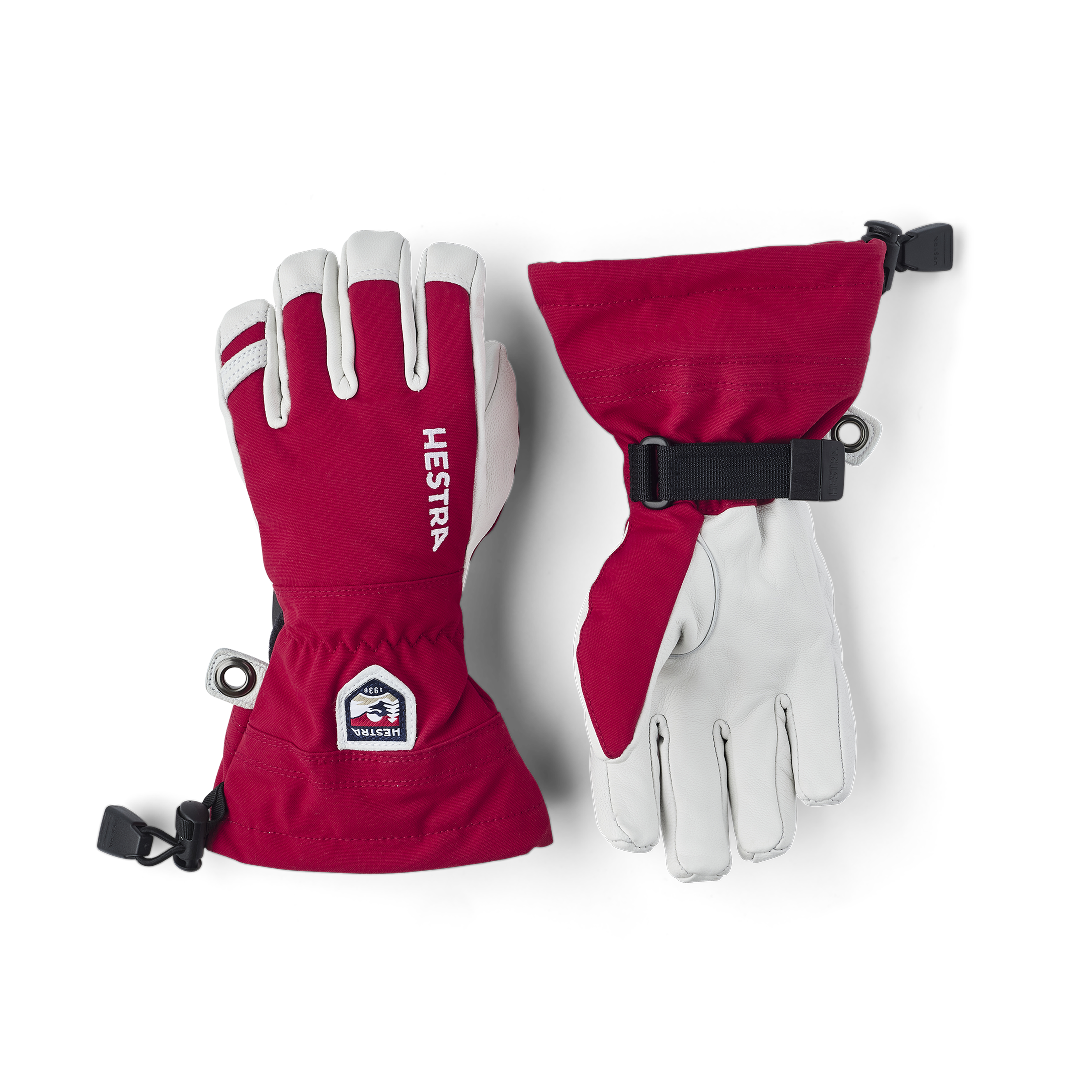 Roter Skihandschuh mit weißem Ziegenleder an der Innenhand