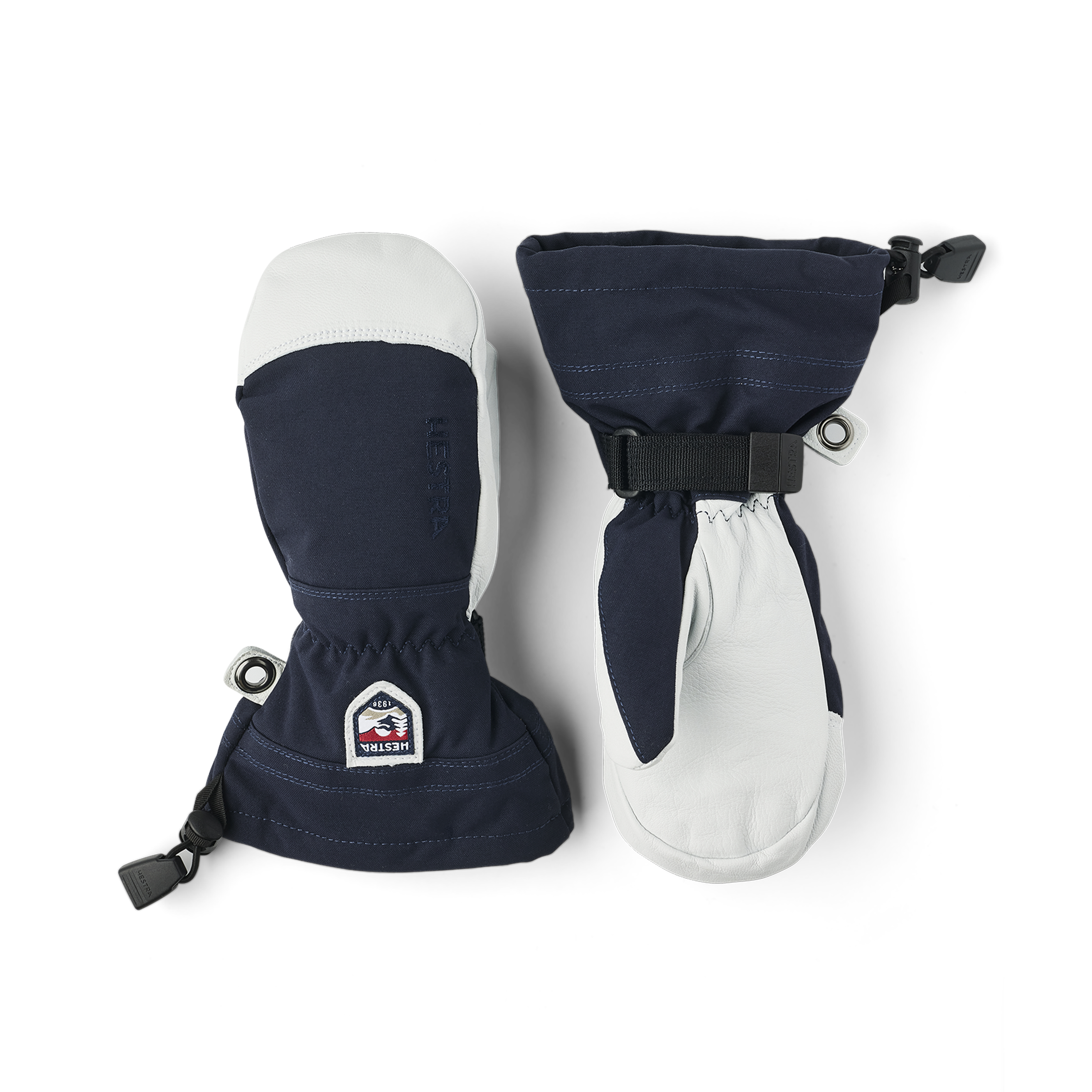 Dunkelblauer Fausthandschuh mit weißem Ziegenleder an der Innenhand