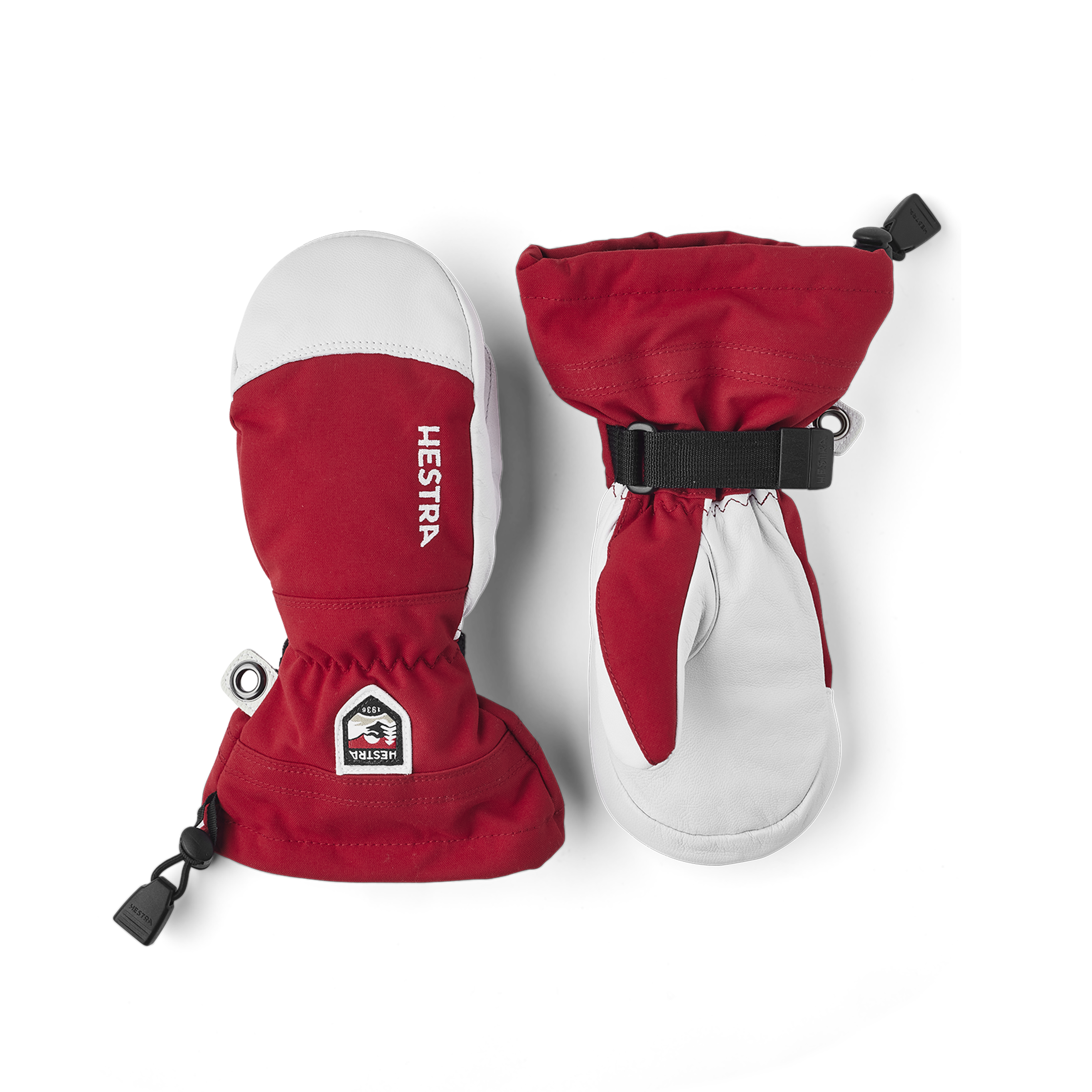 Roter Fausthandschuh mit weißem Ziegenleder an der Innenhand