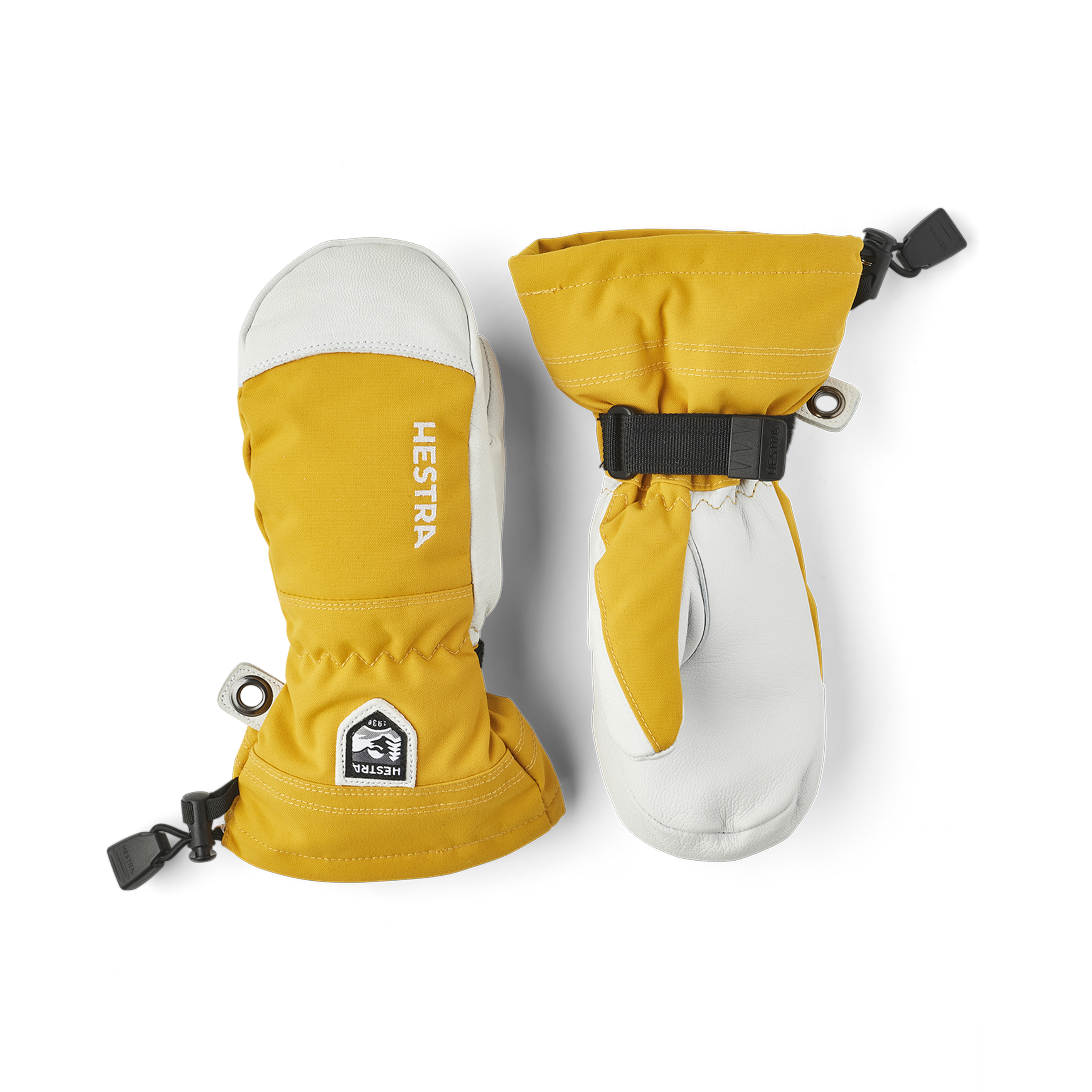 Gelber Fausthandschuh mit weißem Ziegenleder an der Innenhand