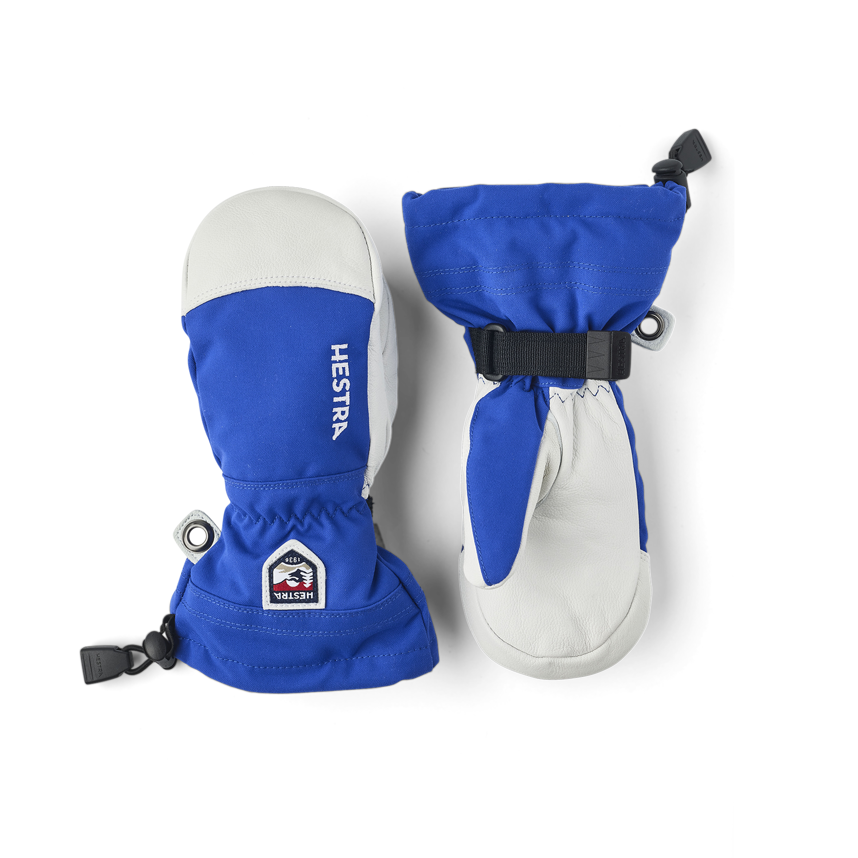 Blauer Fausthandschuh mit weißem Ziegenleder an der Innenhand