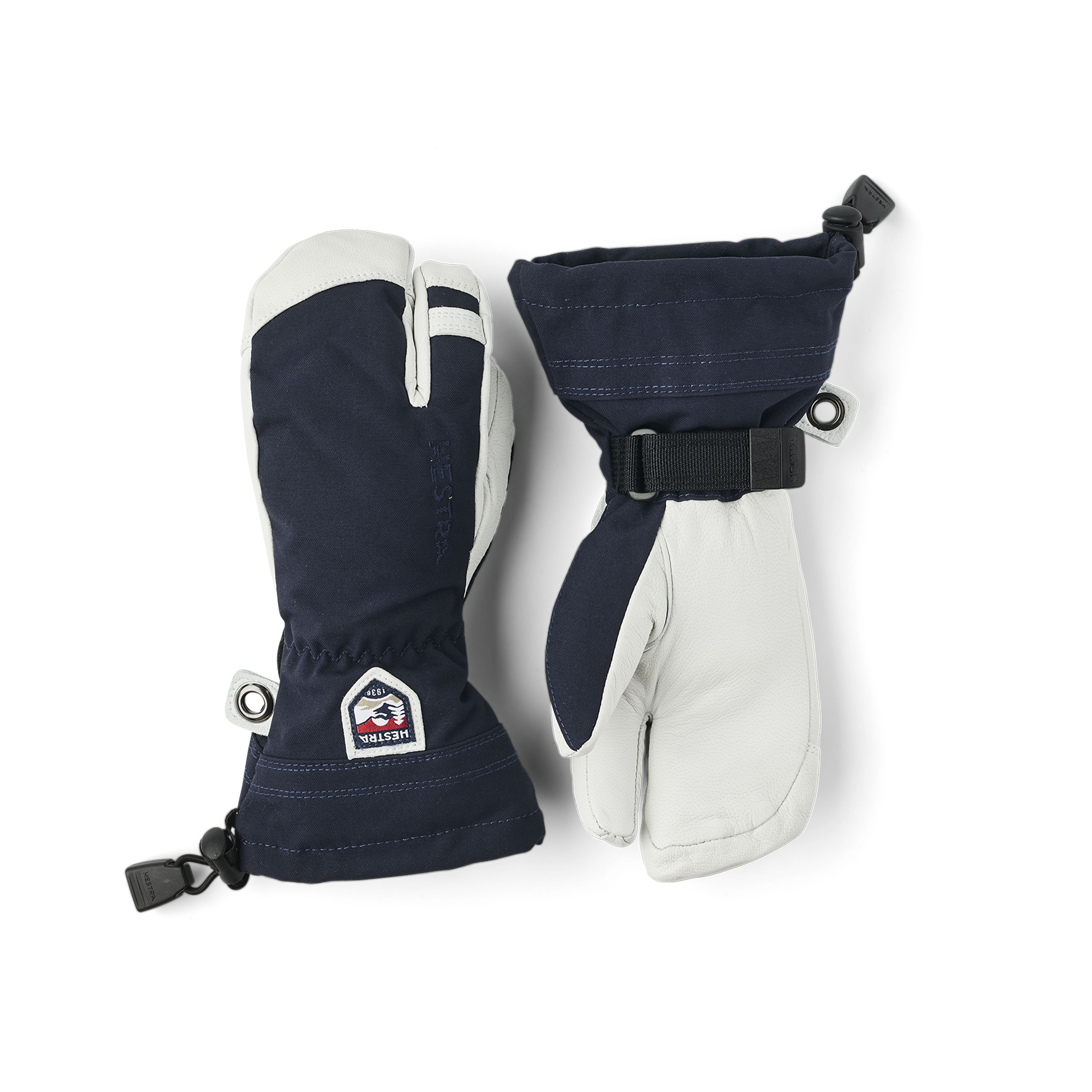 Dunkelblauer Dreifingerhandschuh mit weißem Ziegenleder an der Innenhand