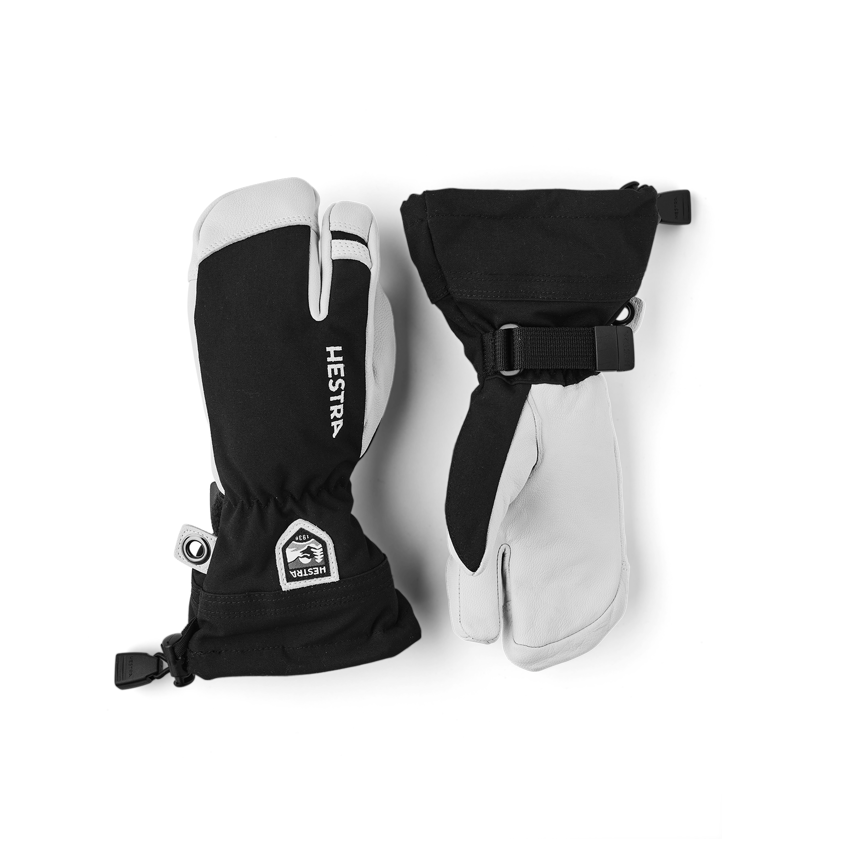 Schwarzer Dreifingerhandschuh mit weißem Ziegenleder an der Innenhand