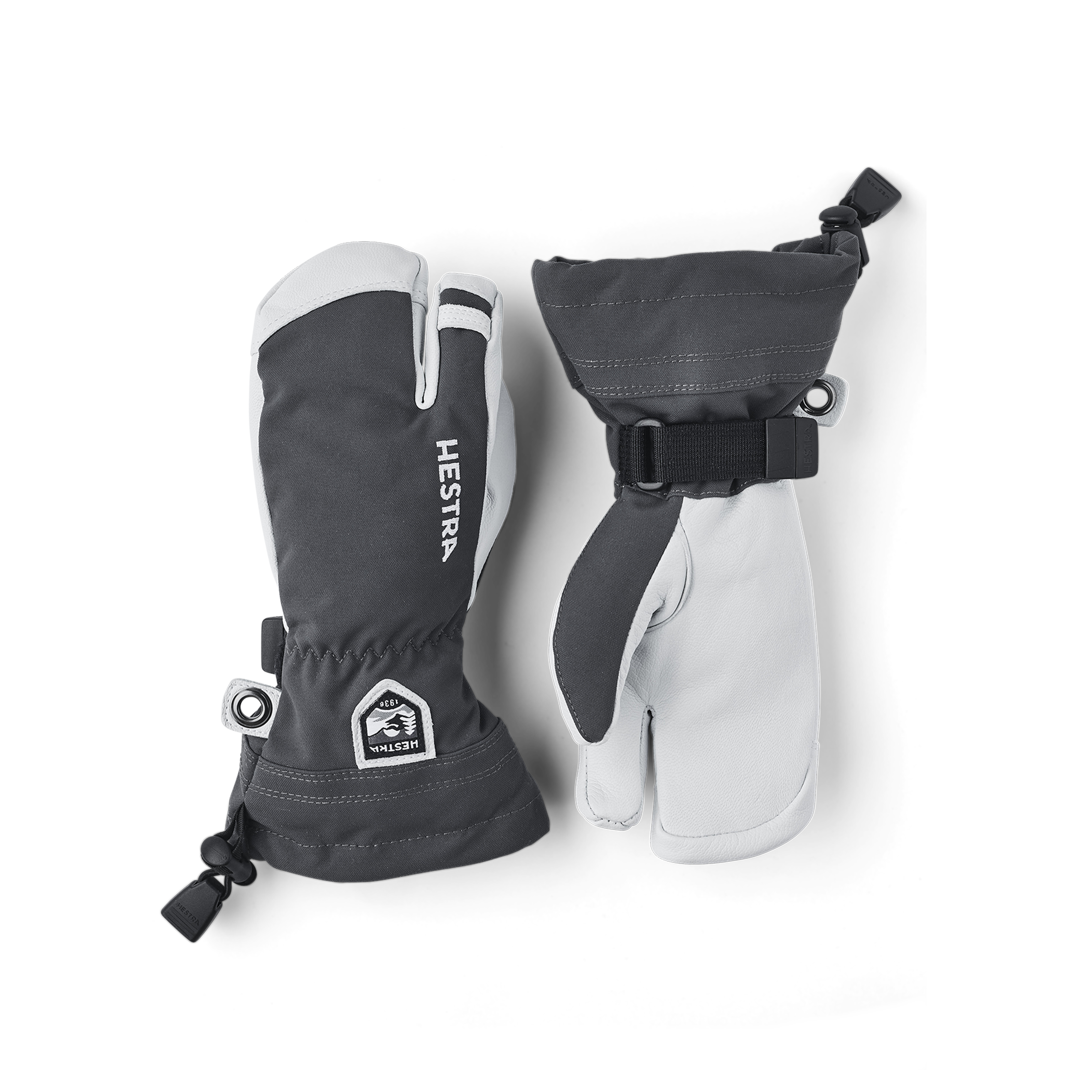 Grauer Dreifingerhandschuh mit weißem Ziegenleder an der Innenhand