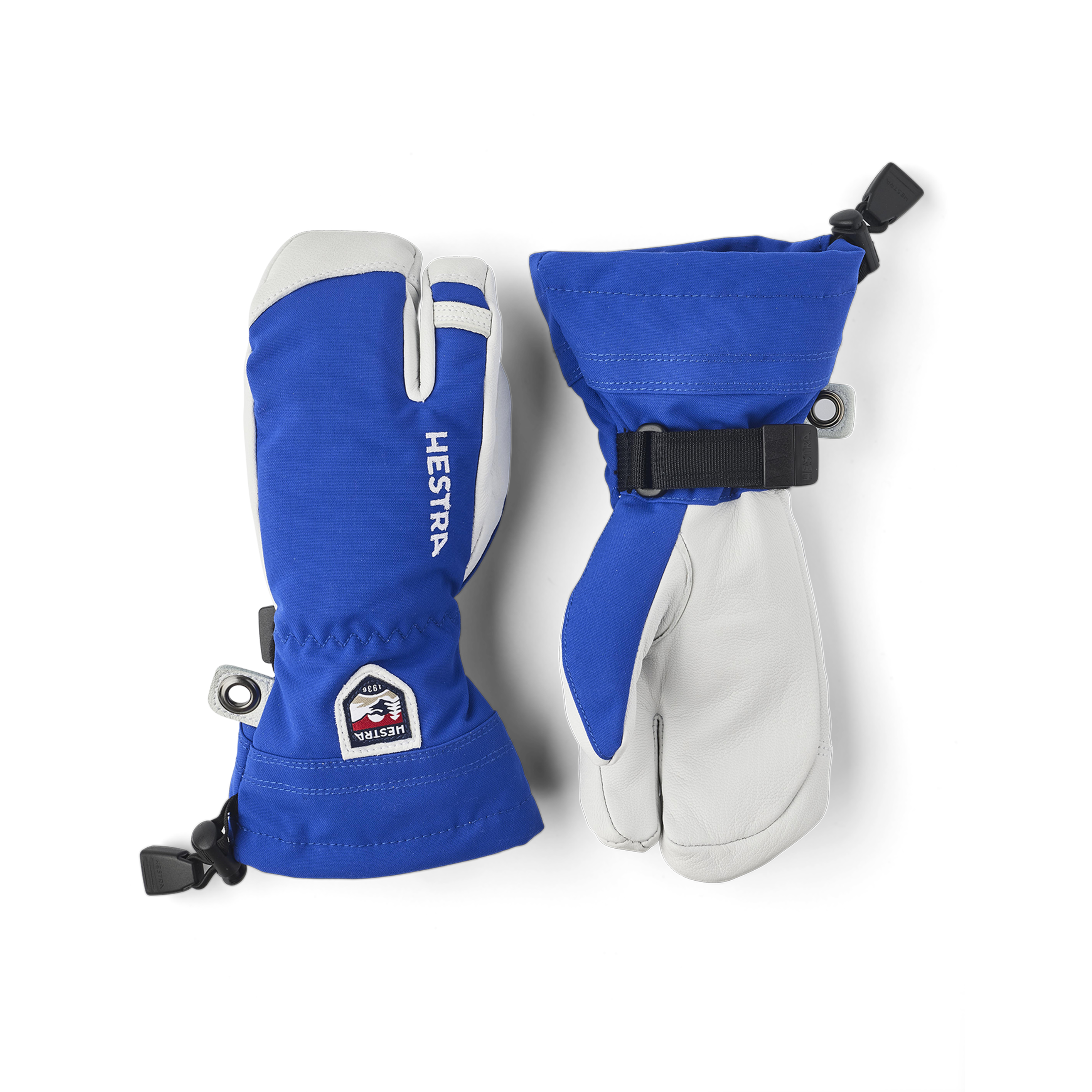 Blauer Dreifingerhandschuh mit weißem Ziegenleder an der Innenhand