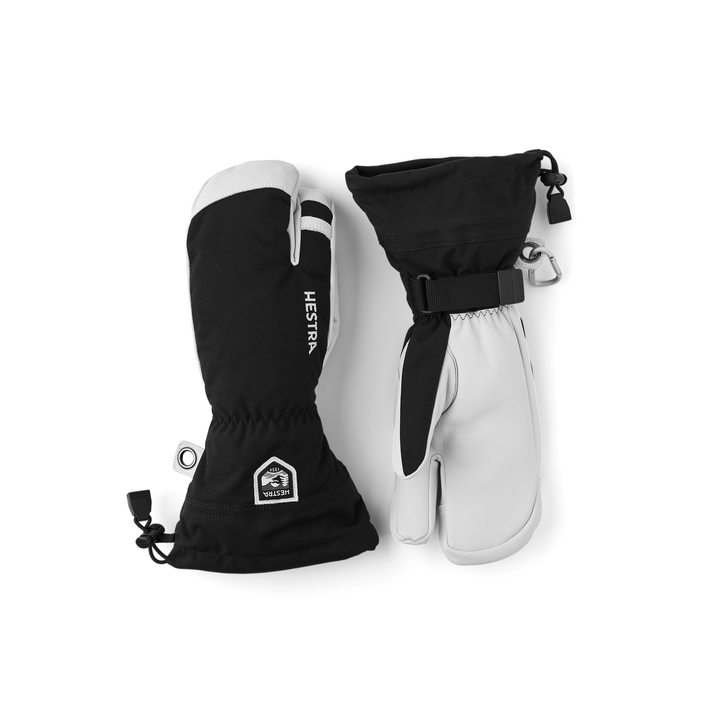 Schwarzer Dreifingerhandschuh mit weißem Ziegenleder an der Innenhand