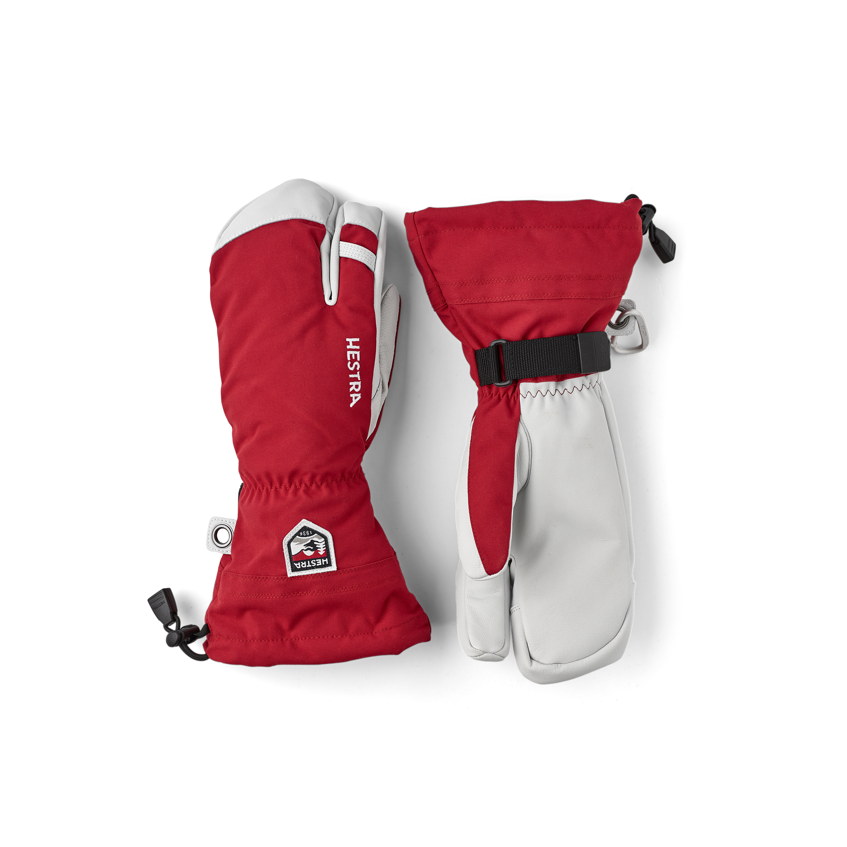 Red three finger glove with white goat leather palm