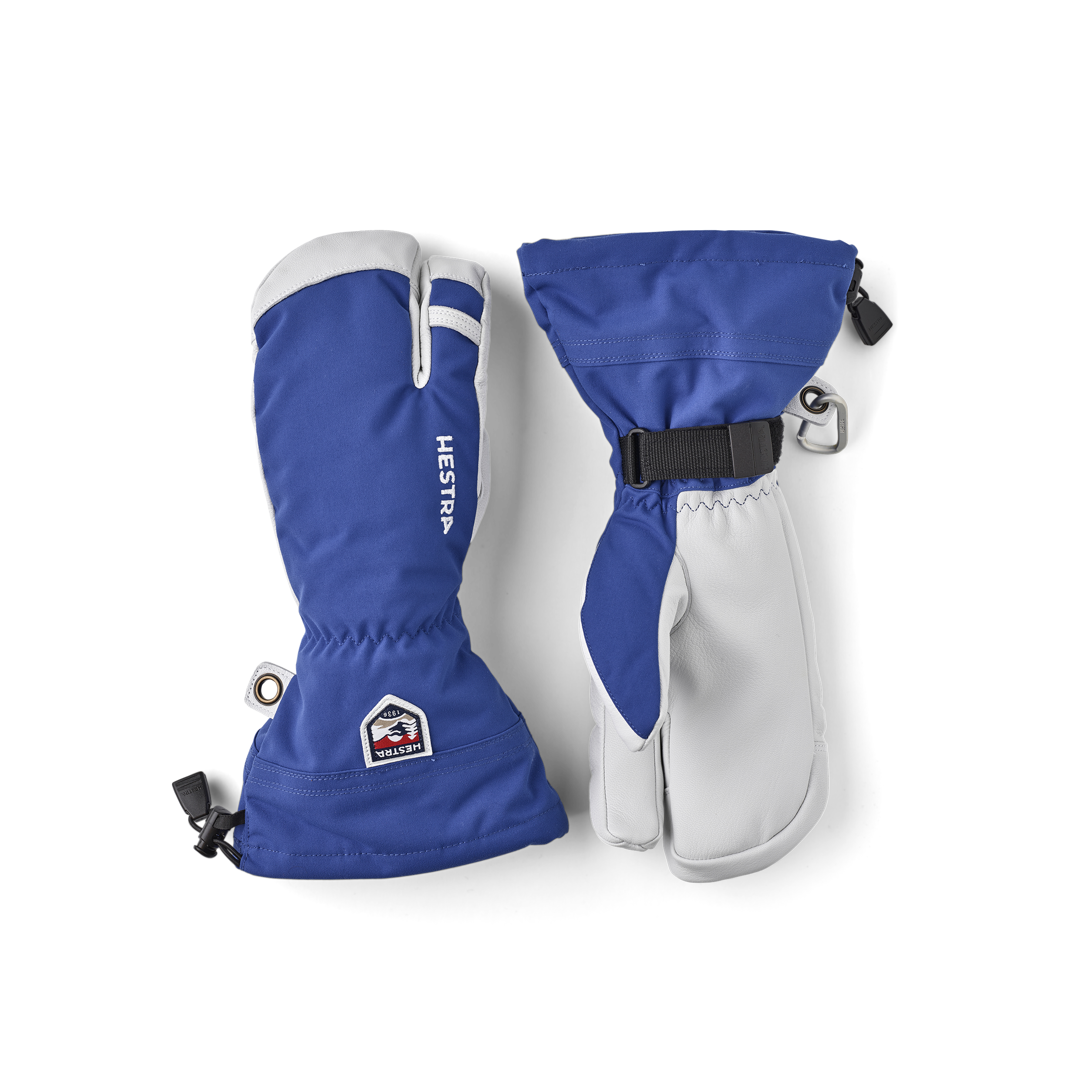 Blauer Dreifingerhandschuh mit weißem Ziegenleder an der Innenhand